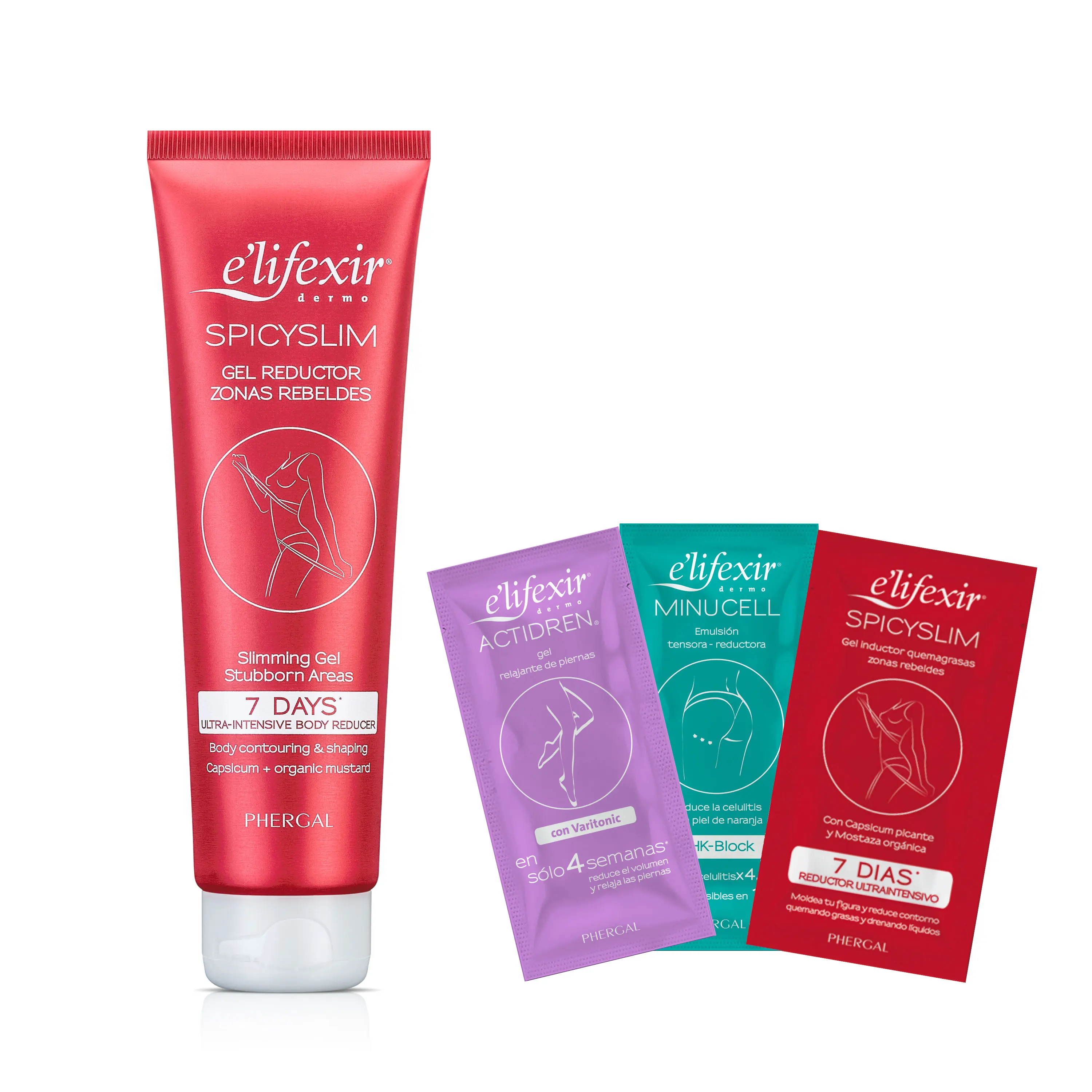 Elifexir - Gel Inductor Spicyslim + Muestras Regalo. Crema Reductora Extrema. Combate Grasa Localizada en Zonas Rebeldes. Con Mostaza y Capsicum Picante - 150ml + 6ml