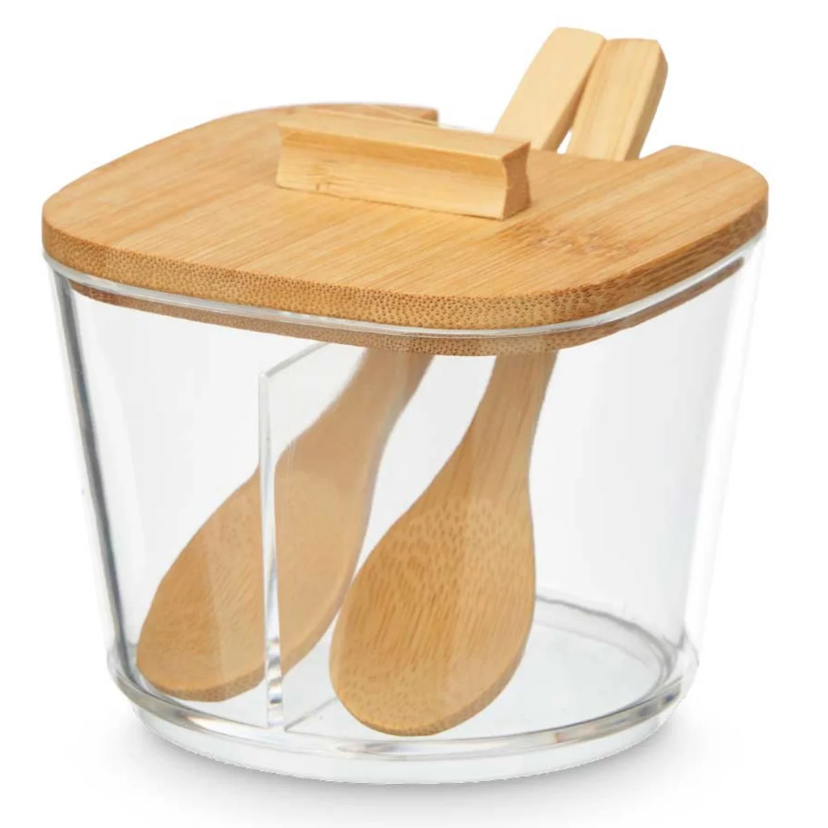 ZYLX SHOPPING – Azucarero Doble de Cristal con Tapa de Bambú y Cucharas, 10×10×9 cm, Ideal para Azúcar y Especias