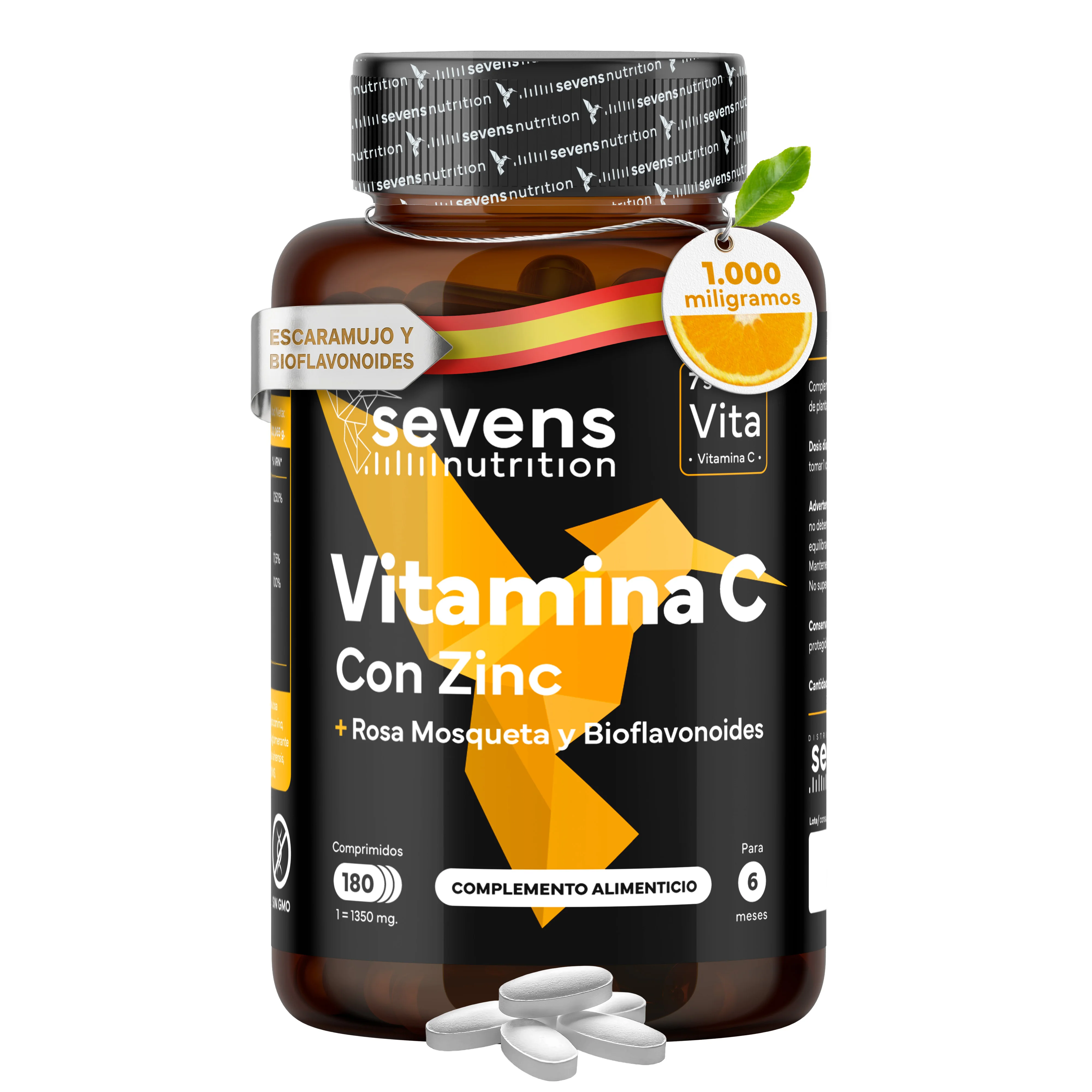 Vitamina C 1000 mg – Con Zinc, Rosa Mosqueta y Bioflavonoides – 180 Comprimidos – Sevens Nutrition