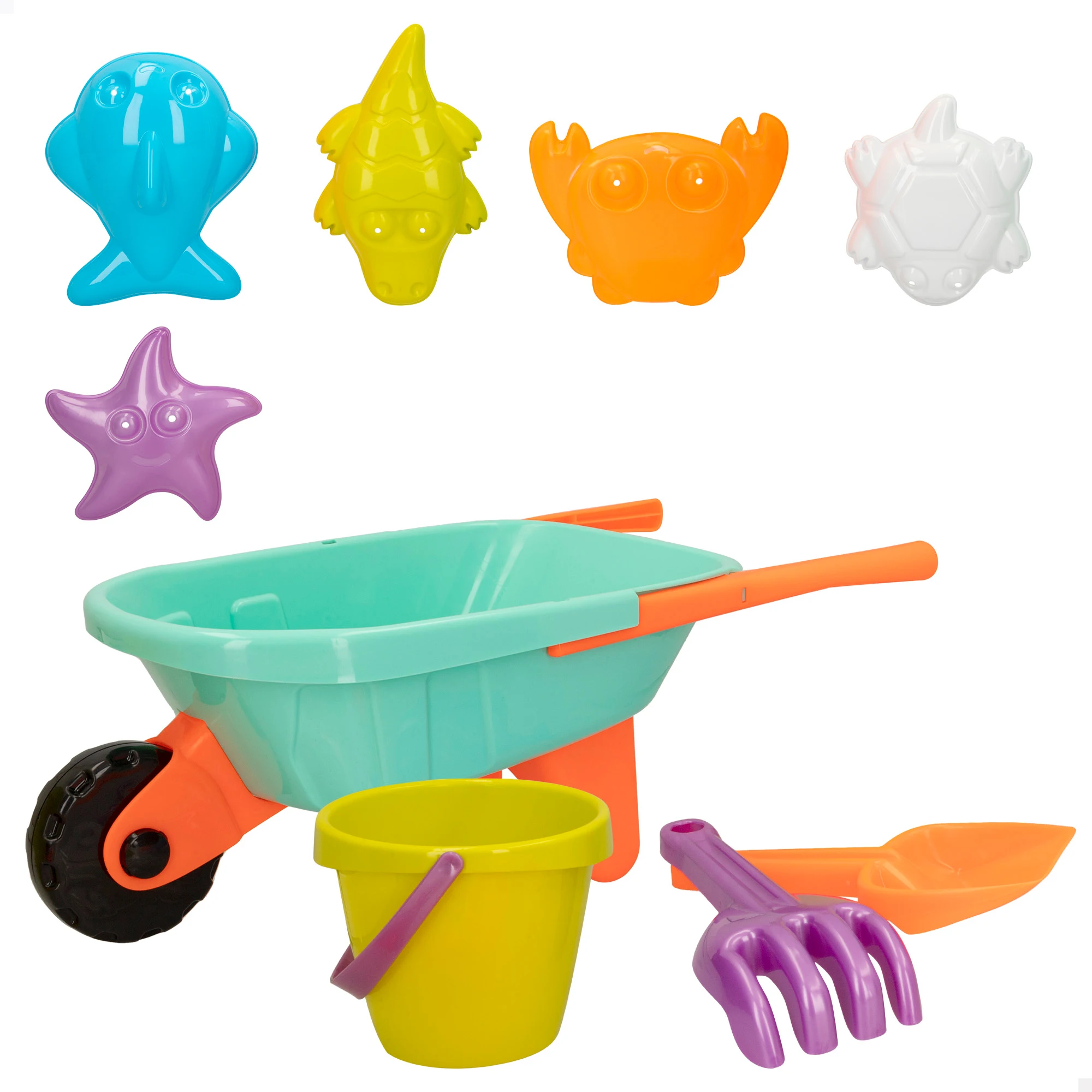 COLORBABY - Set de playa infantil con carretilla 50 cm, pala, rastrillo, cubo y moldes animales marinos, juguete de arena para niños a partir de +18