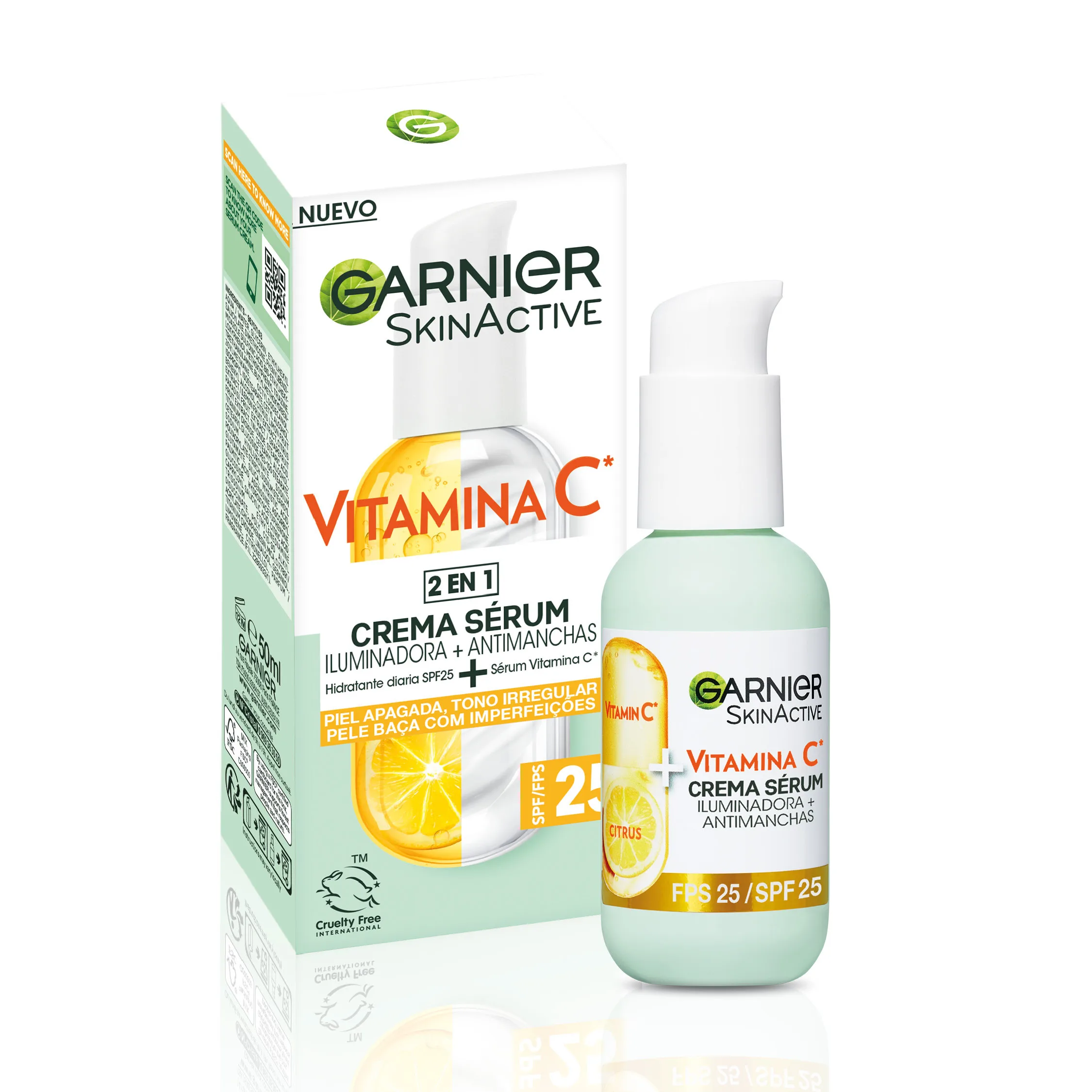 Garnier |   Serum cream with spf 25. High concentration of serum with vitamin c and sun protection to protect the skin from sun blemishes. Ultra light and moisturizing formula 50ml