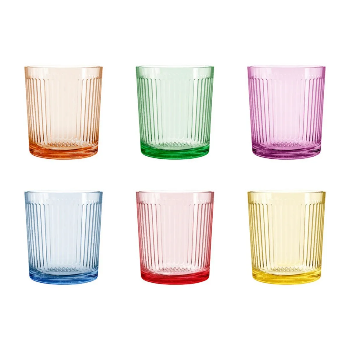 ZYLX SHOPPING – Pack 6 Vasos de Cristal Colores Surtidos 360 ml | 2 Diseños a Elegir: Relieve Geométrico o Raya| Vasos Bajos para Agua, Zumo y Refrescos