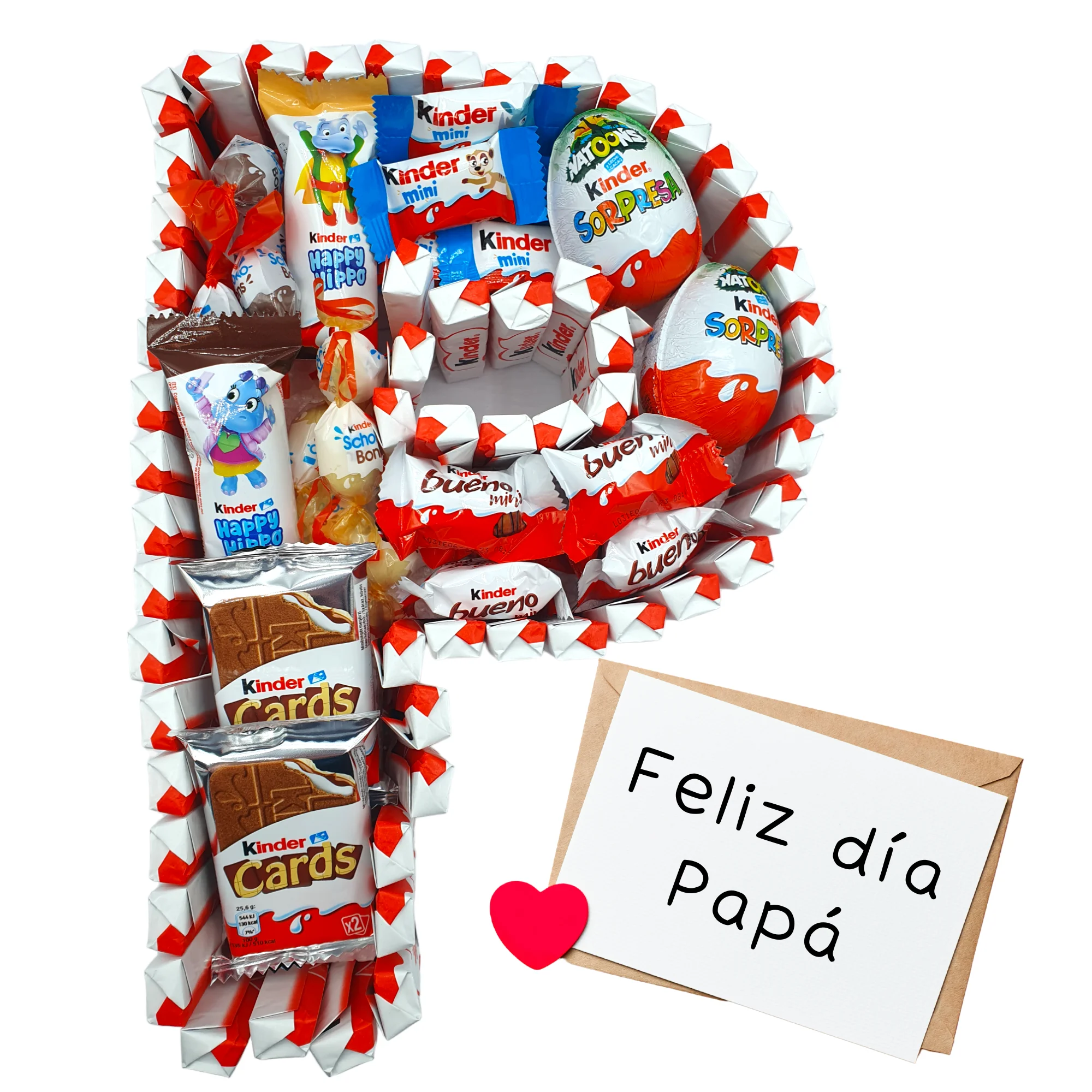 Regalo dia del Padre Kinder - Letra P Rellena de Chocolates Kinder  + 75 Chocolates - Regalo Ideal para el Dia del Padre - 30 cms. Kinder Bueno - Huevos Kinder - Kinder Cards [IAMI]