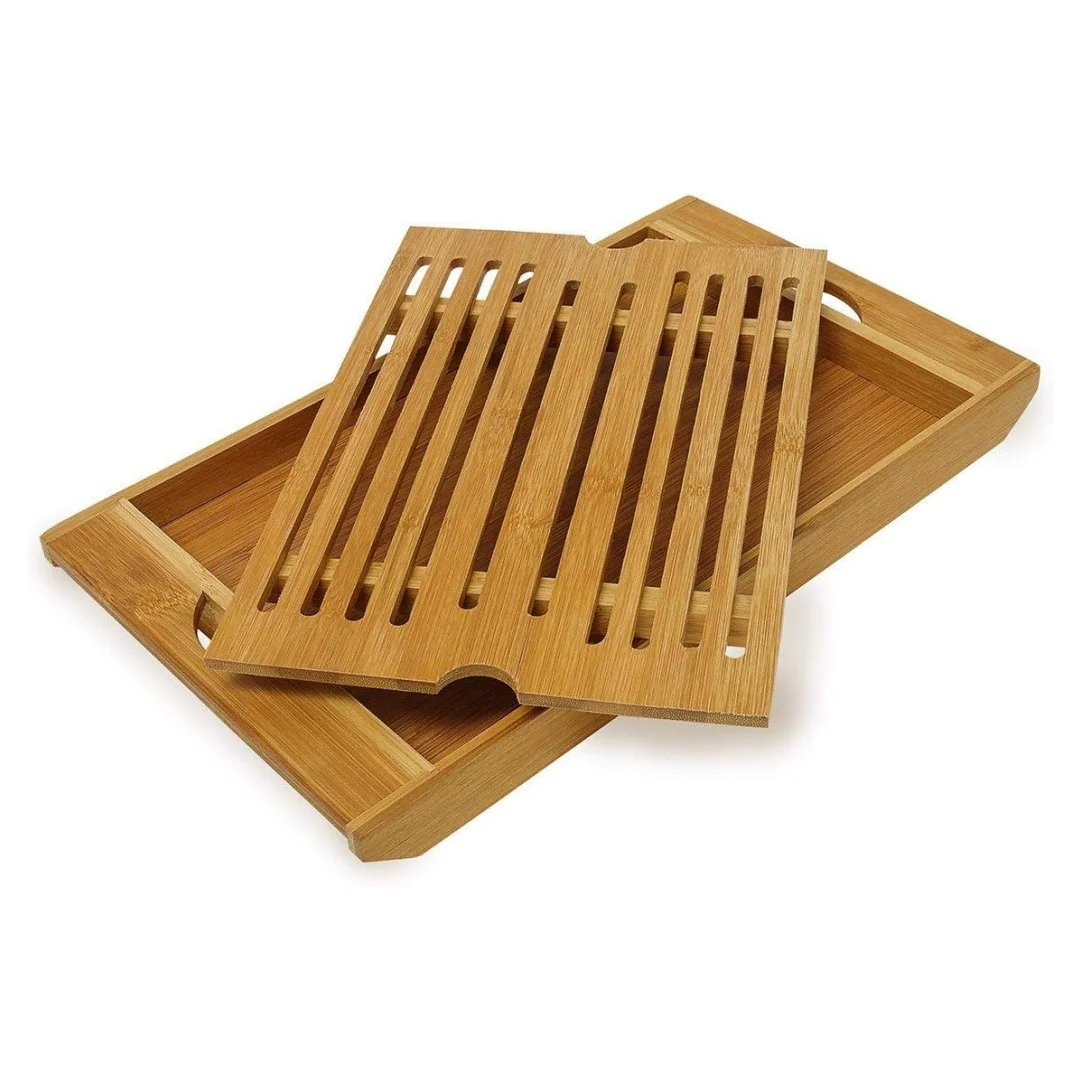 X-Tabla de Cortar de Bambú para Pan con Bandeja Recoge Migas, Bandeja Multifuncional para Servir y Cortar Pan, Resistente y Fácil de Limpiar, Ideal para Cocina o Decoración de Mesa