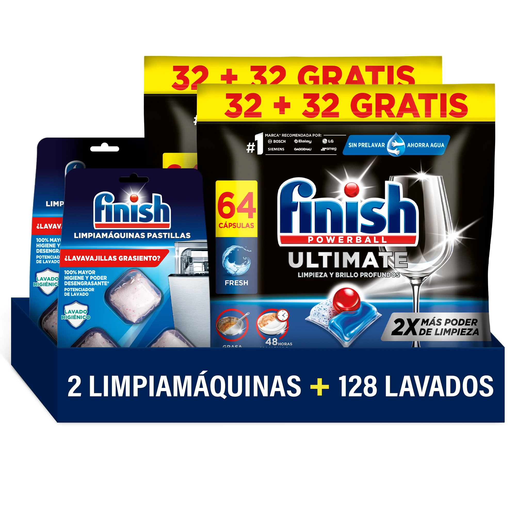 Finish Powerball Ultimate 128 Pastillas para Lavavajillas + 6 Limpiamáquinas en PAstillas, Aroma Regular, Limpieza y Brillo Profundos