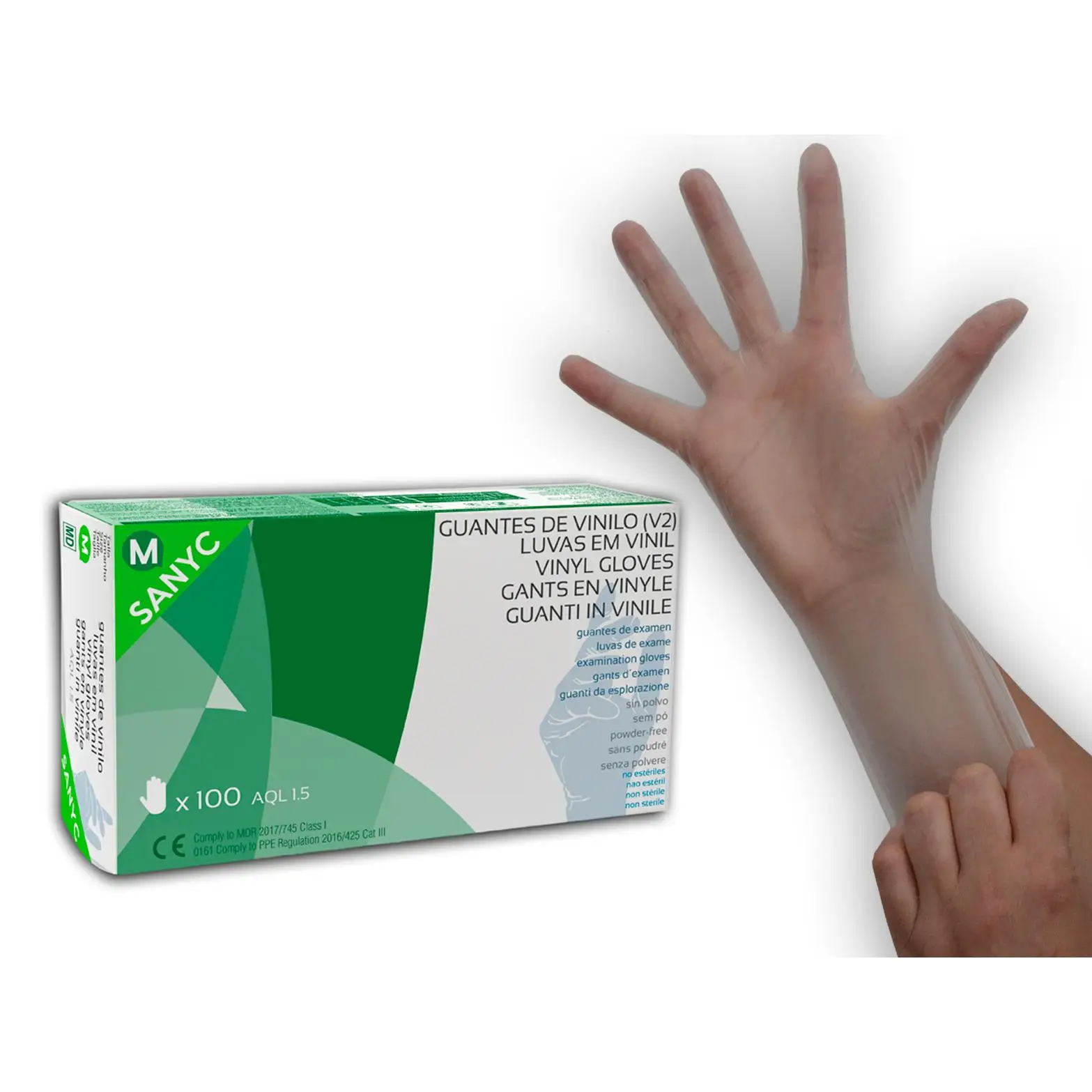 Sanyc Guantes de vinilo sin polvo para examen, limpieza, manipulación de alimentos. Transparente. Caja de 100 Unidades. Tallas S, M, L