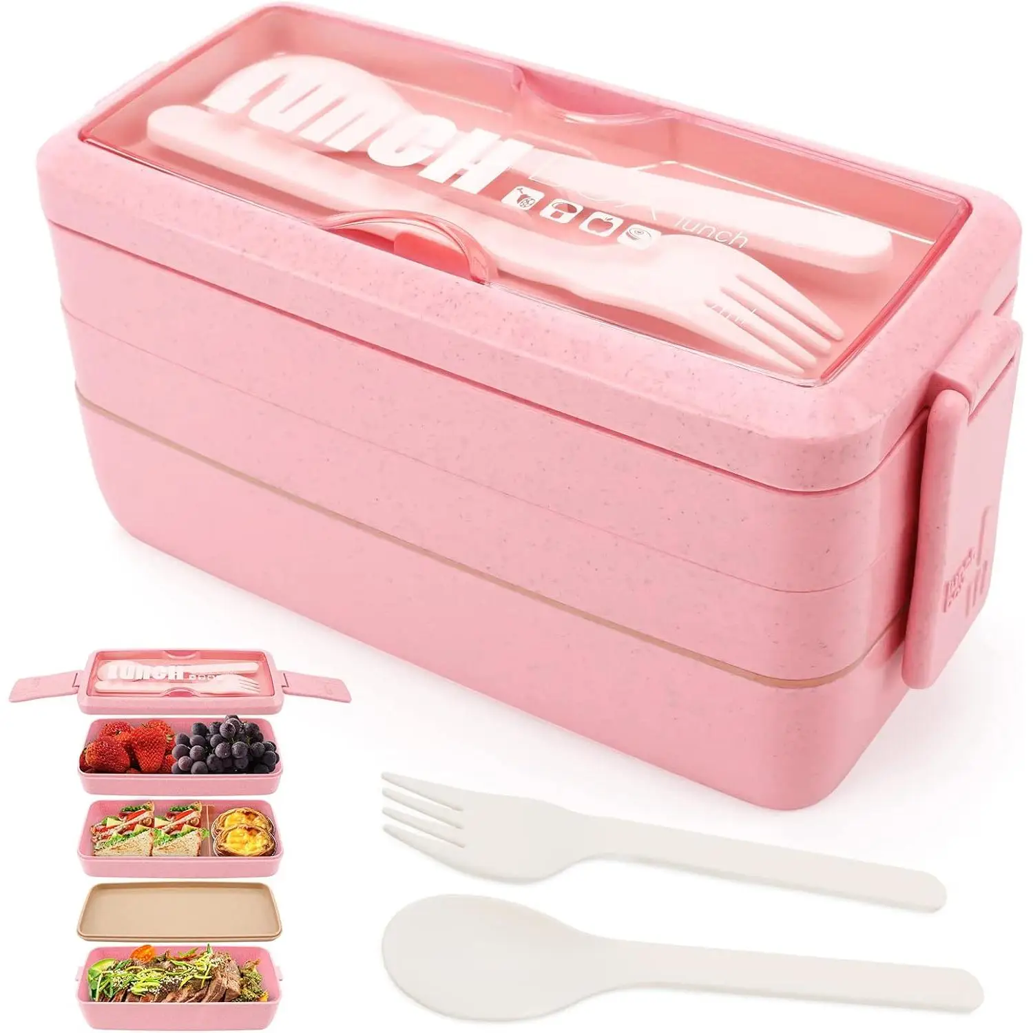 Fiambrera de 3 capas, caja Bento 4 en 1 con tenedor y cuchara, caja de almacenamiento de alimentos de 1000 ml para hombres, mujeres, estudiantes, microondas y lavavajillas