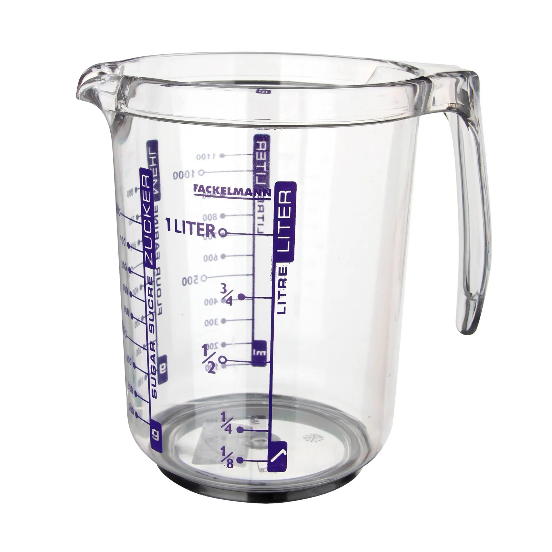Fackelmann Jarra Medidora de Cocina,  1 litro de capacidad, con escala para medir líquidos, azúcar y harina, Plástico Transparente. Medidas 17,5x12,5x16,5 cm, 1 ud