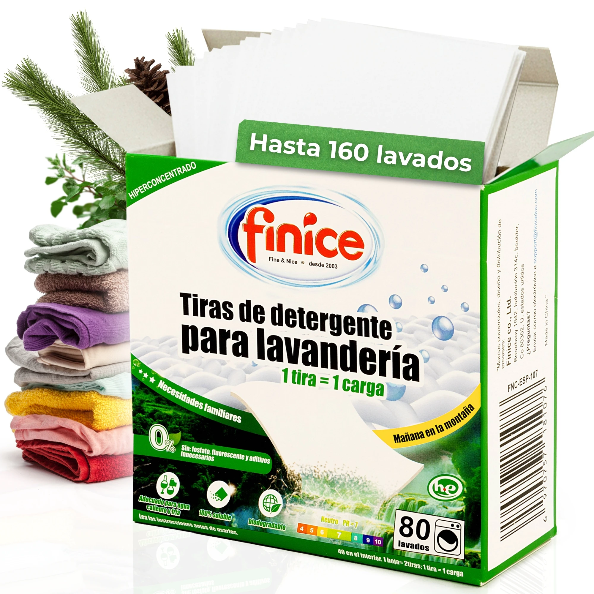 Detergente en Tiras para Lavadora (Hasta 160 Lavados) | Detergente Lavadora con Suavizante, Hipoalergenico, Ecologico| Ropa más Limpia y Suave sin Residuos que Cuidan el Planeta, Fragancia Montaña