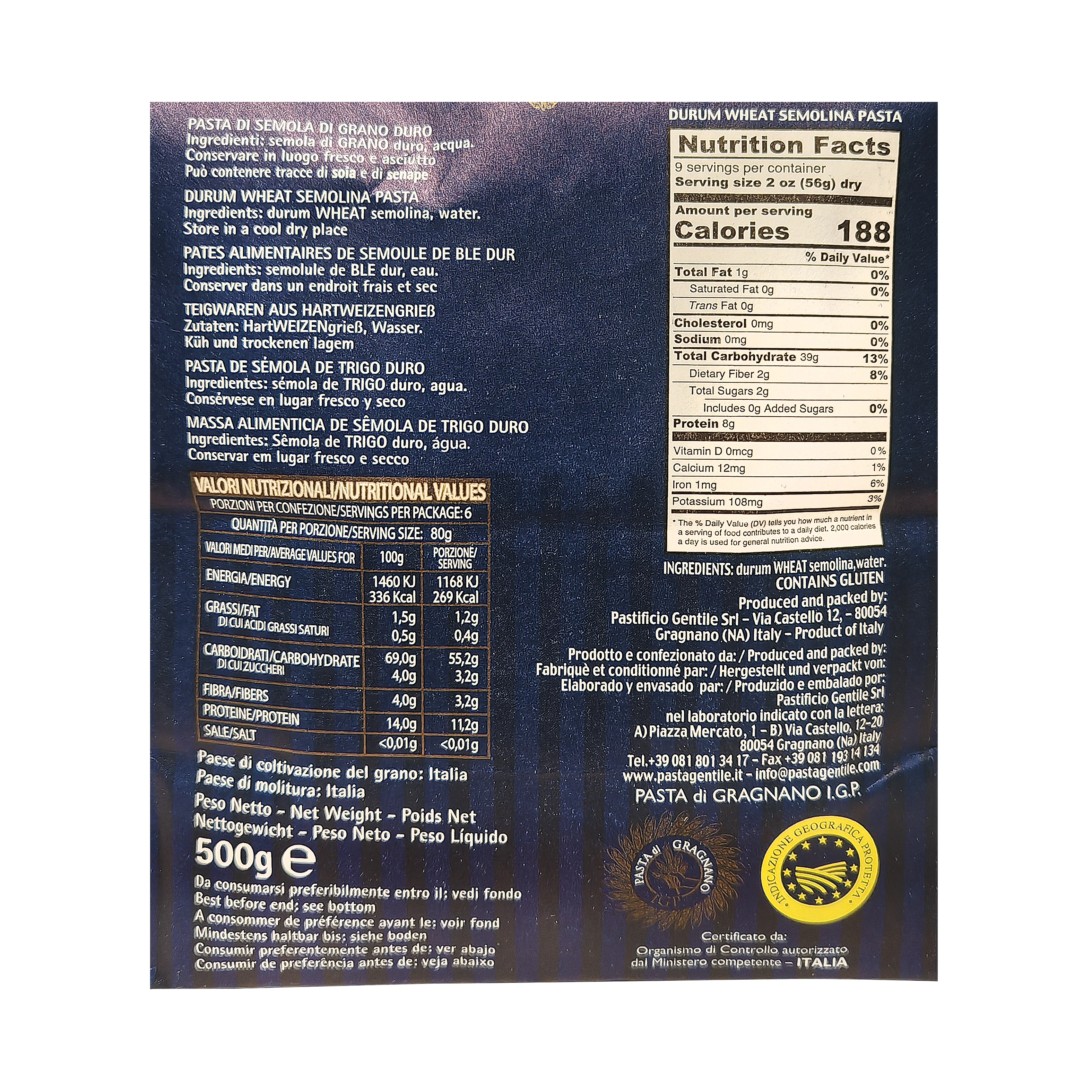 Pennette rigate. Gentile italian semolina paste (pack of 2 units of 500g)