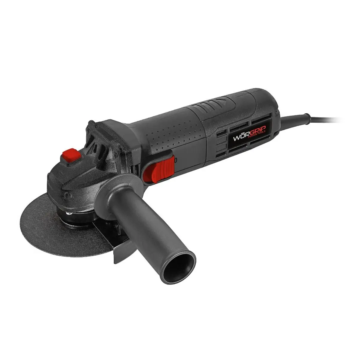 Amoladora 115/125mm Worgrip con 700W de potencia - Accesorios incluidos: Protector de chispas, mango auxiliar, llave de cambio y 2 escobillas de carbono.