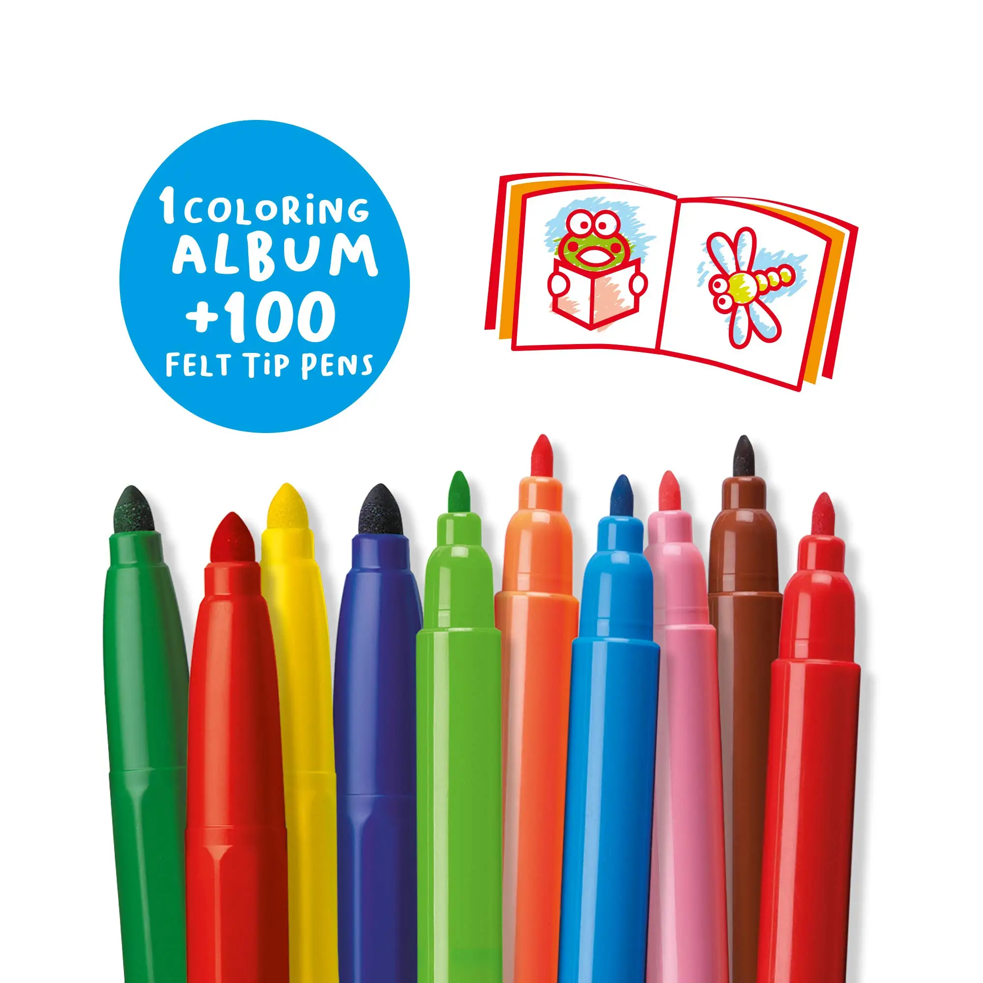 Carioca Color Box | 100 Super washable pens | Red Metal Box | Fine tip and Maxi tip | Coloring album