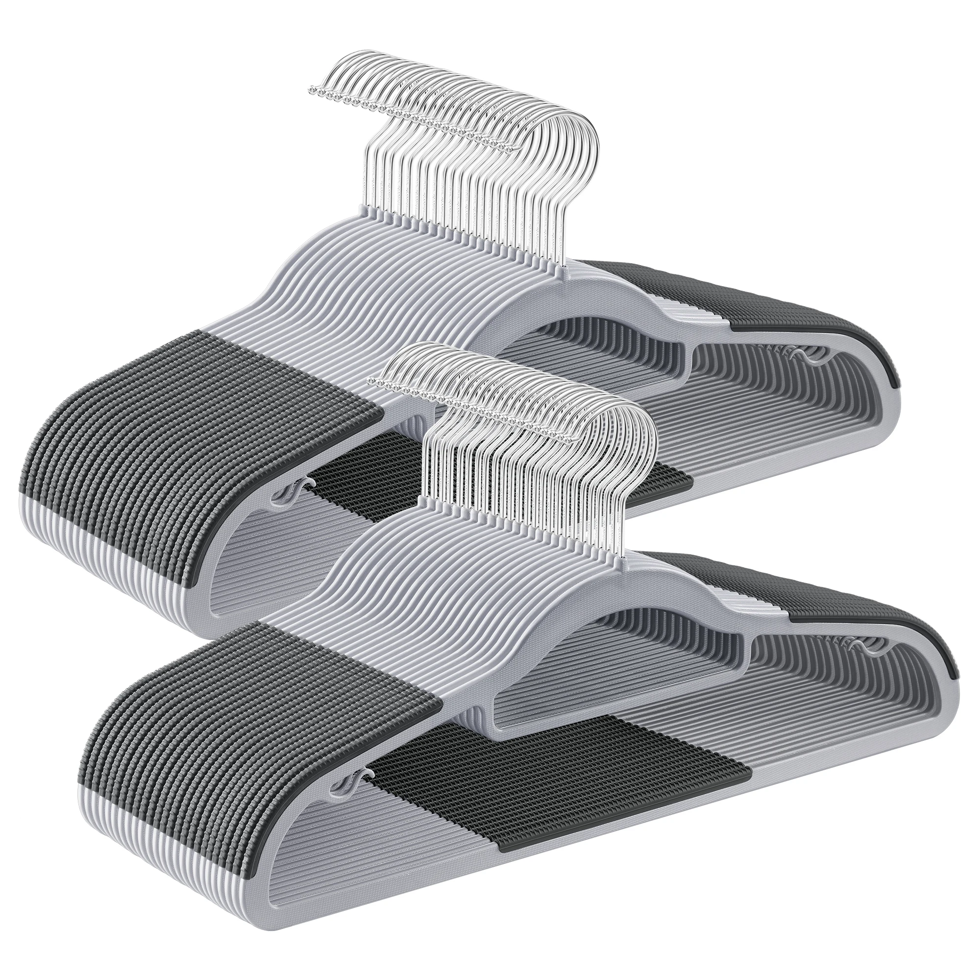 SONGMICS Juego de 50 Perchas, Perchas de Plástico, Antideslizantes, Ahorra Espacio, 0,5 cm de Grosor, 42 cm de Largo, Gancho Plata Giratorio de 360°, Gris Claro y Gris Oscuro/Blanco/Negro