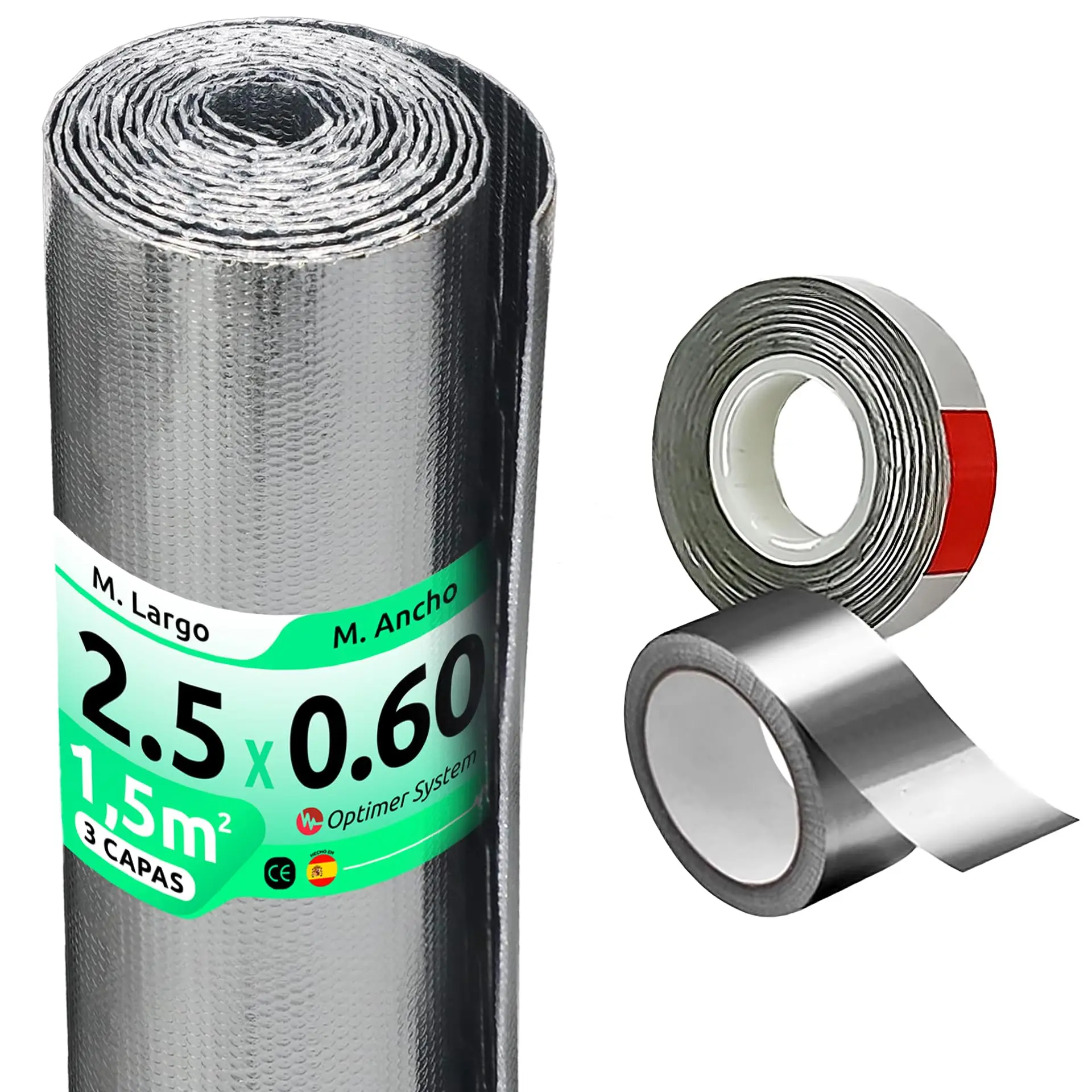 Optimer System - Aislante Termico reduce el Frio y el Calor - Aislamiento Termico ahorra Energia y Dinero - 2.5x0.60m - 1.5m² - Incluye Cinta de Aluminio y Cinta de Doble Cara