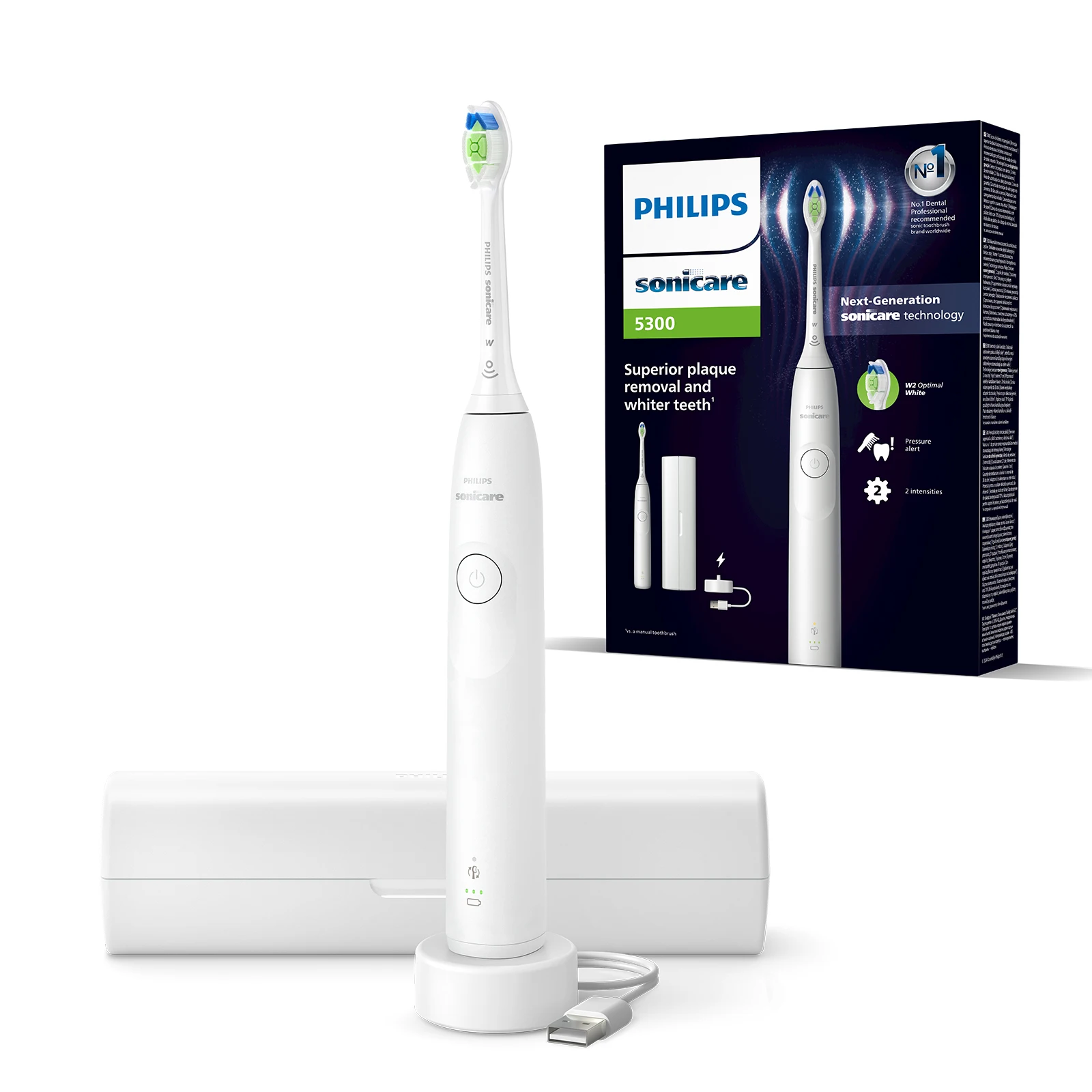 Cepillo Sonicare Series 5300 | 1 modo de limpieza y 2 intensidades. Incluye 1 cabezal de blanqueamiento Optimal White W2, 1 funda de viaje Slim y 1 cargador USB. Color: blanco. (HX7108/02)