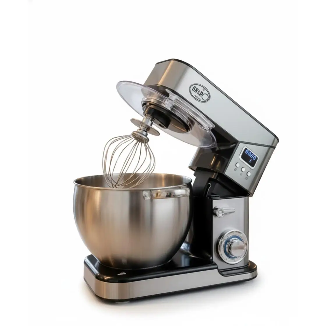 Batidora Amasadora Shiro 2000W 10L Amasadora Repostería 6 Velocidades Robot de Cocina Pantalla LCD & función de fermentación con Amasador, Batidor, Varillas y Protección para Salpicaduras (Plateado)