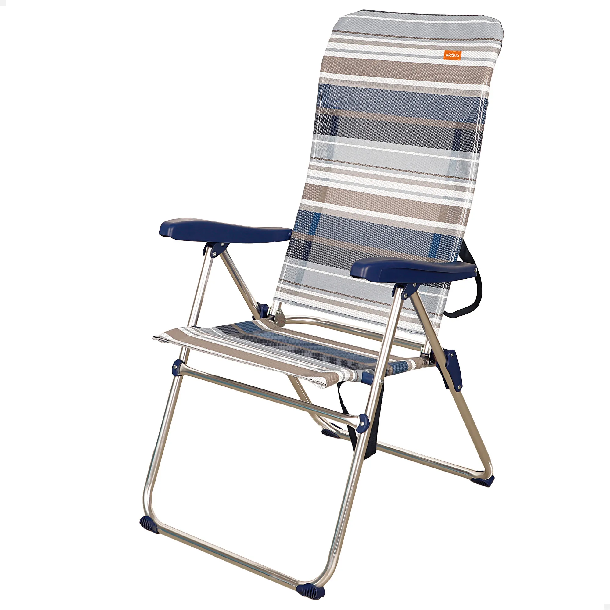 Aktive - Silla de playa plegable, diseño azul y gris a rayas, 47x67x110 cm, peso máximo 100 kg, respaldo reclinable 5 posiciones, sin tubo delantero, topes antivuelco, aluminio y textileno, fácil
