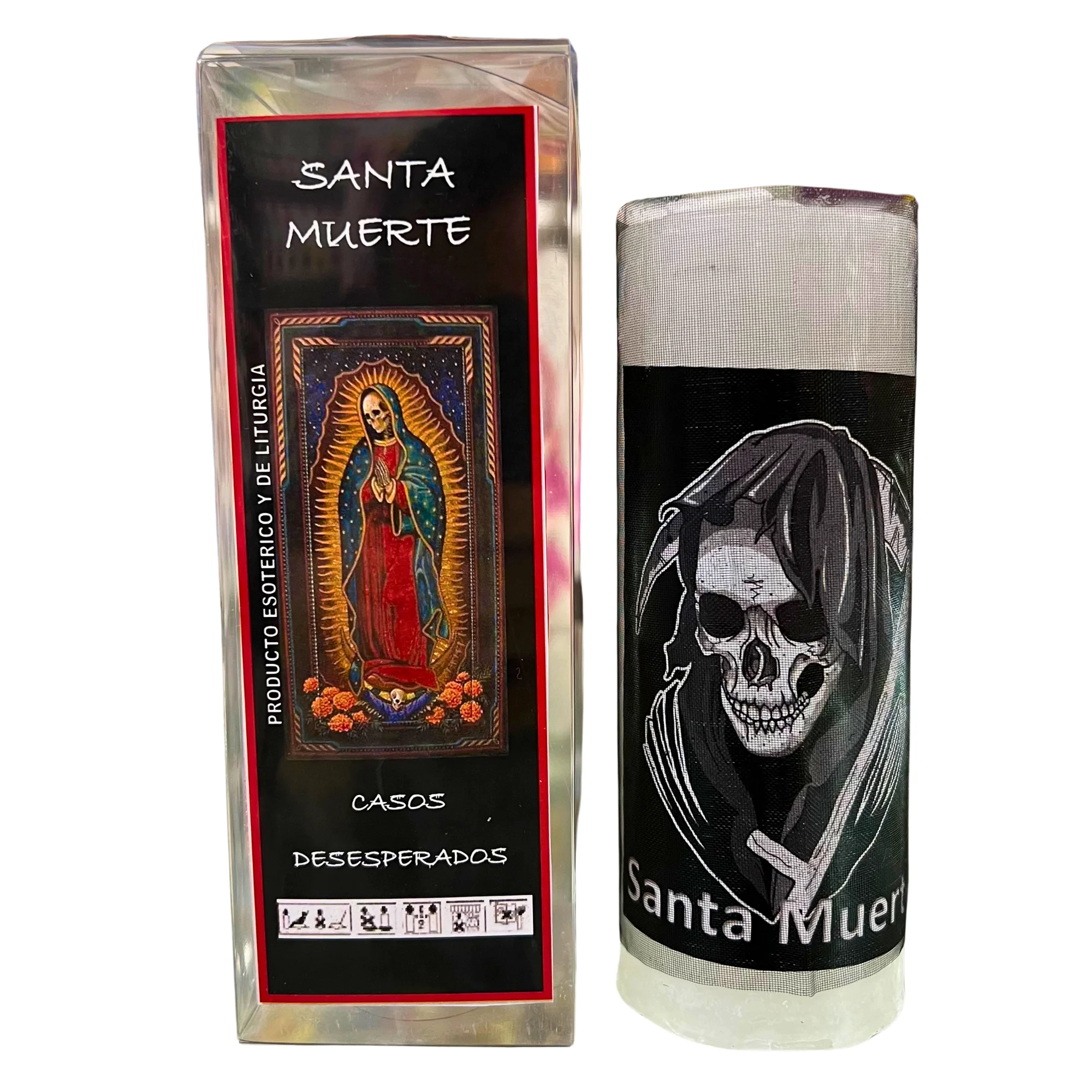 VELÓN RITUALIZADO DE SANTA MUERTE CON MALLA NEGRA, ALFILER Y PERGAMINO: CASOS DESESPERADOS.