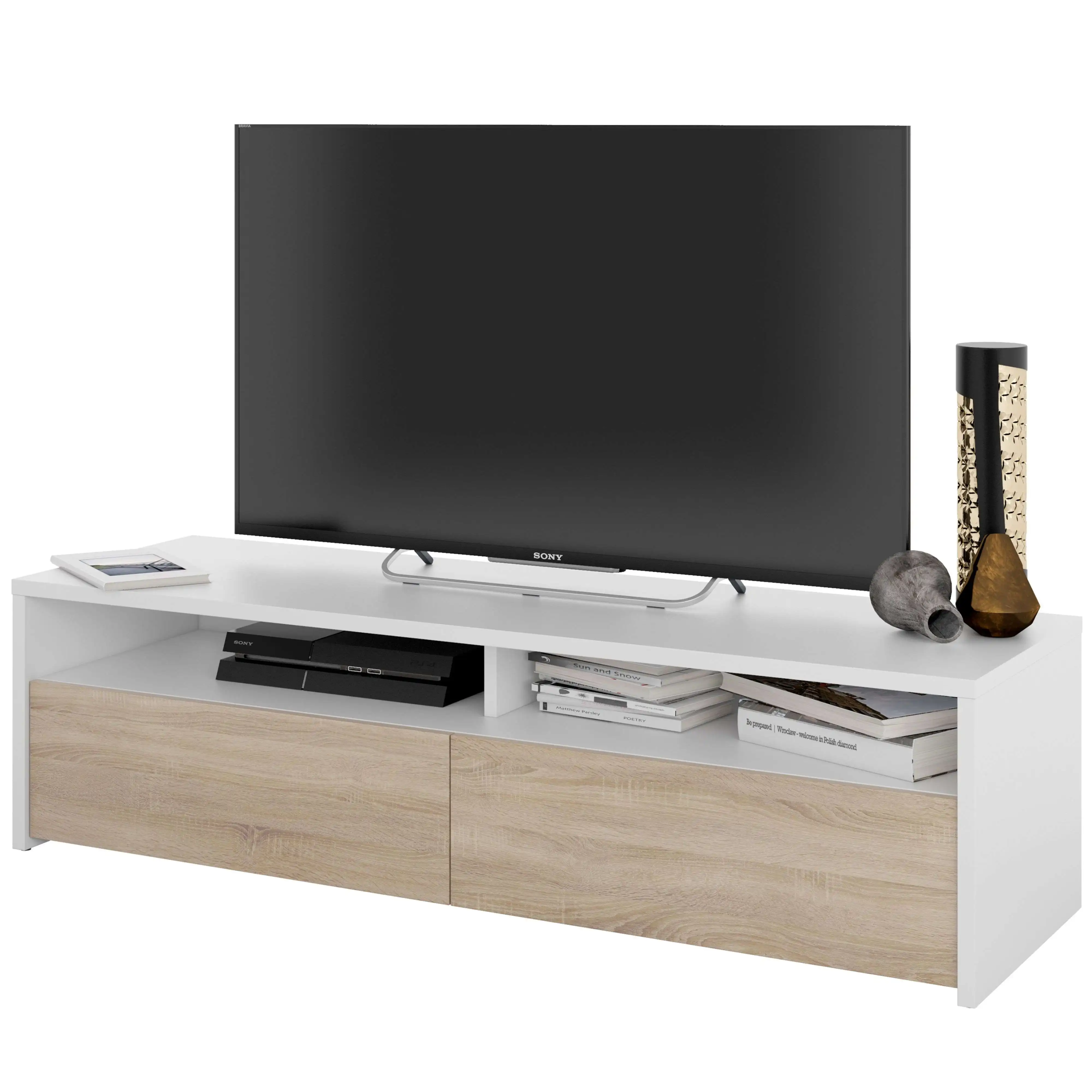 Miroytengo Mueble de Tv multimedia con 2 Puertas Abatibles en Color Blanco Artik y Roble Canadian 130 cm