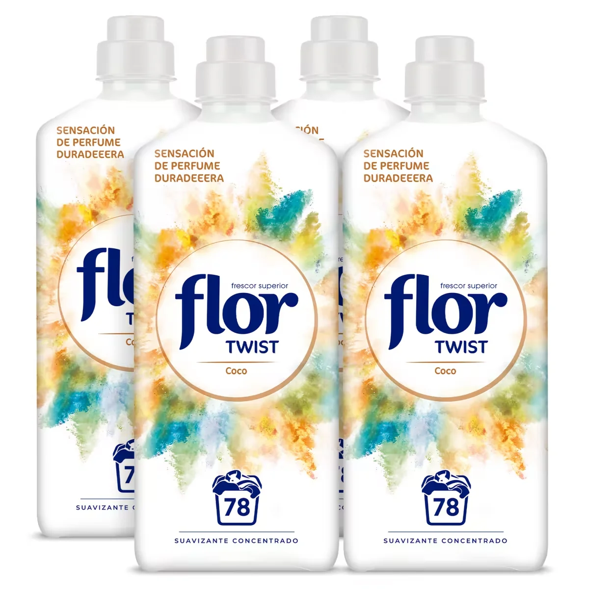 Suavizante Flor Concentrado para la Ropa x4, Twist Coco, Frutos Rojos, Melocotón, Delicado, Mediterraneo, Nenuco o Azul, 312 Lavados (4x 78 Lavados)