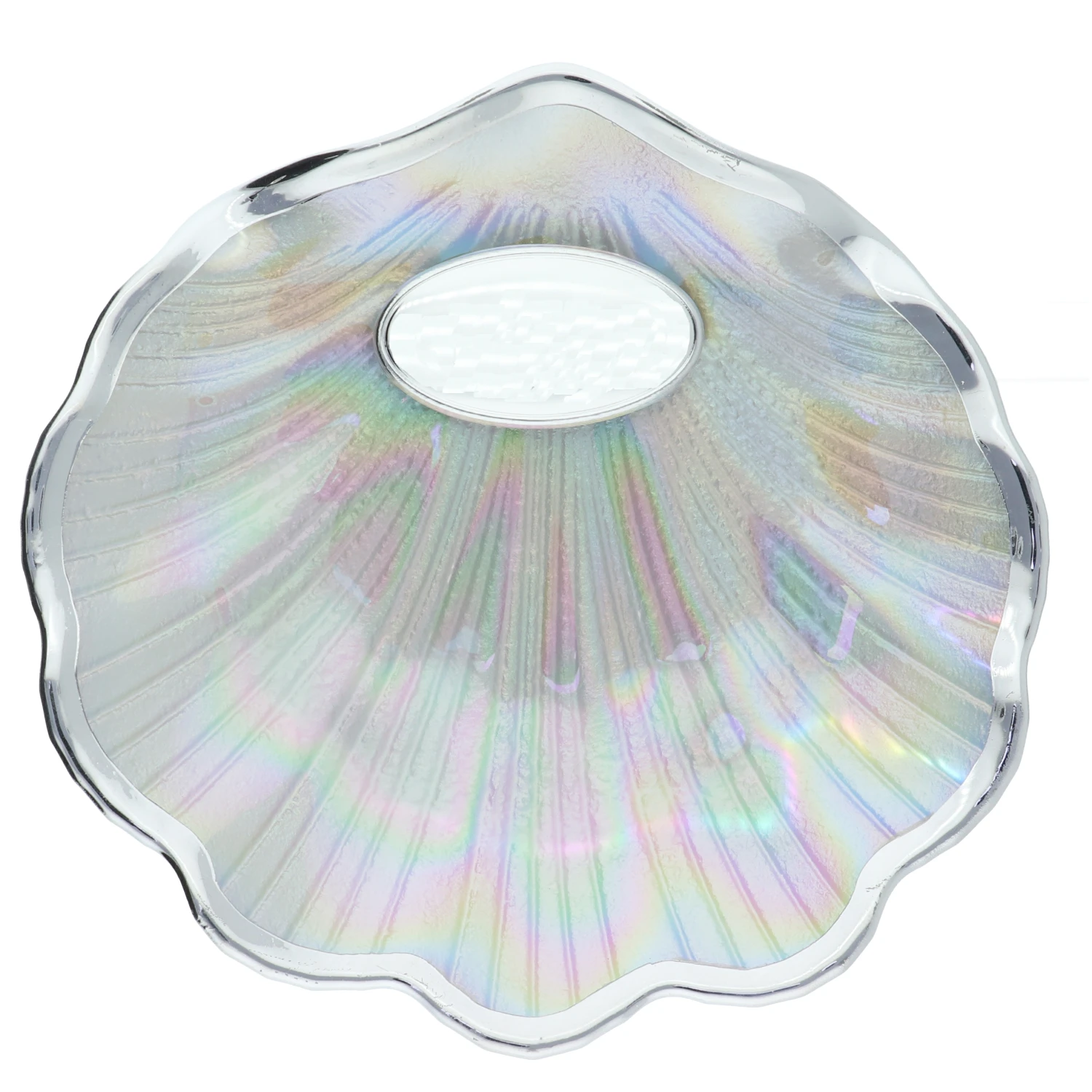 Concha Bautizo, para el nacimiento, en cristal con efecto Nácarado y aplique  Personalizable con nombre  y fecha. El Aplique Oval Acabado en Brillo personalizable | Incluye caja de regalo.