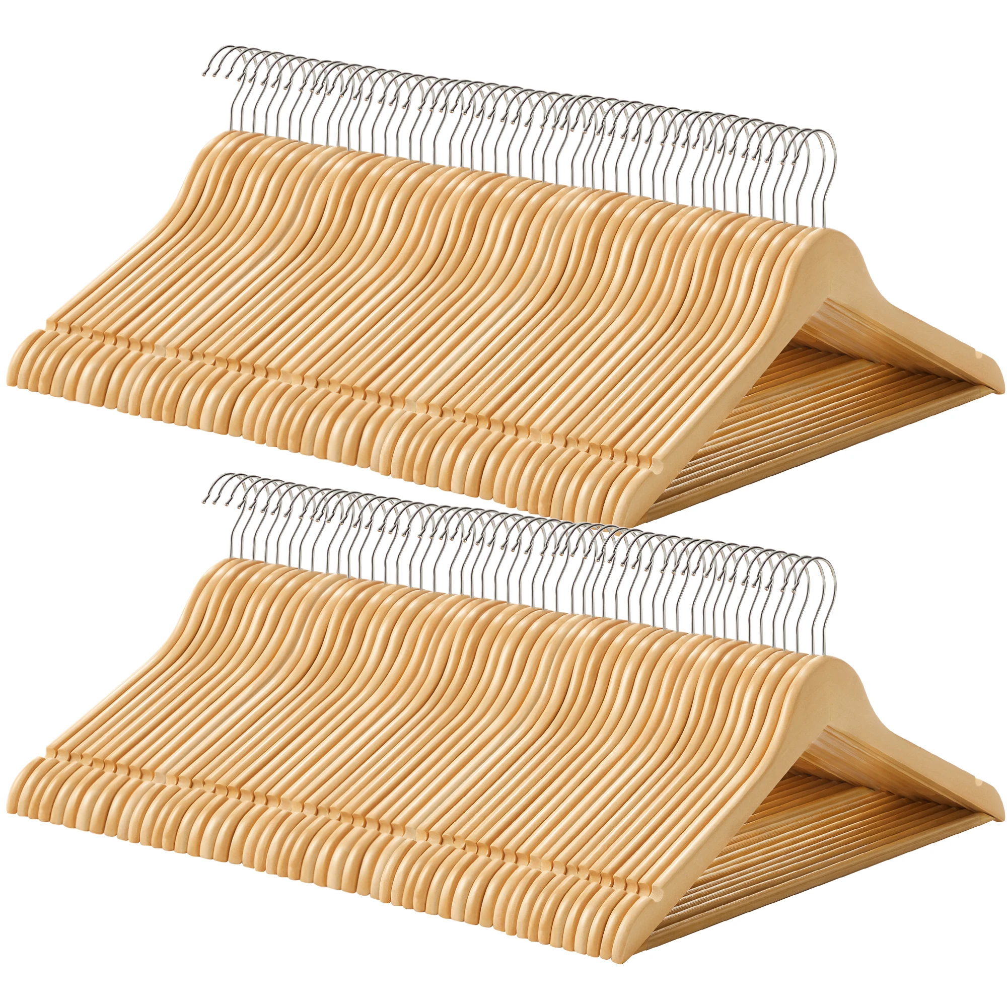 SONGMICS - Percha de Madera, Lote de 100 /40con Muescas Antideslizantes, Barra Antideslizante para Pantalones, Gancho Giratorio de 360°, para Trajes, Camisas, Abrigos, Color Madera y Plata