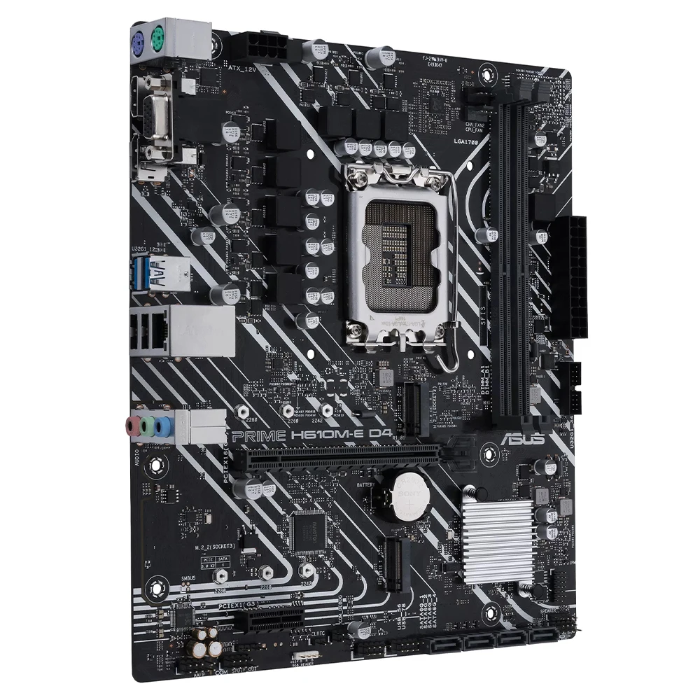 ASUS PRIME H610M-E D4-CSM desktop motherboard, micro-ATX Intel H610 (LGA 1700) with DDR4, PCIe 4.0, two slots M.2, Ethernet Realtek 1 Gb, DisplayPort, HDMI, D-sub, USB ports 3.2 Gen. 1, SATA 6 Gbps, COM and RGB connectors