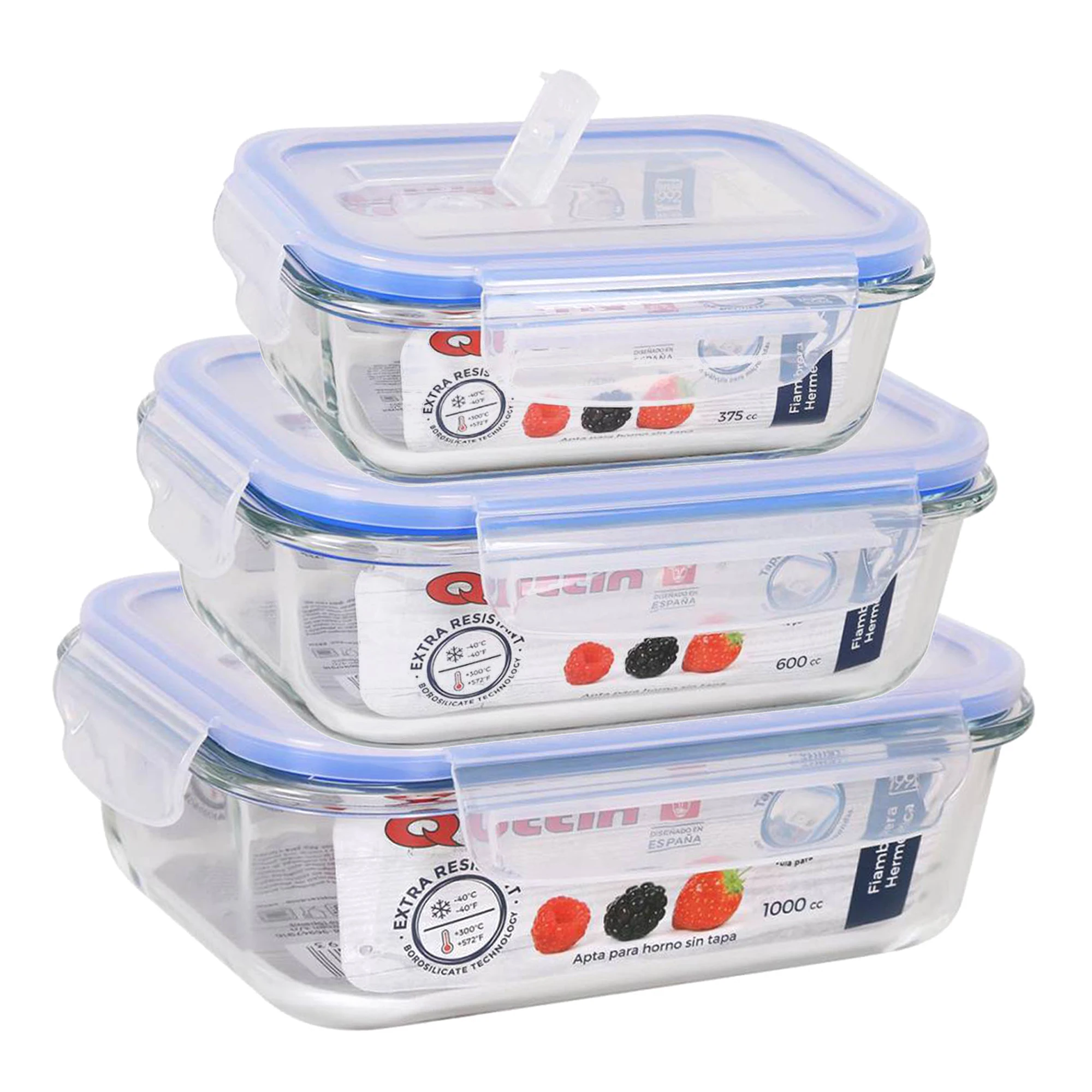 Quttin Set 3 borosilicate glass hermetic containers-Set 3 food boxes-375cc, 600cc and 1000cc capacities-with microwave valve-suitable for oven, microwave and dishwasher