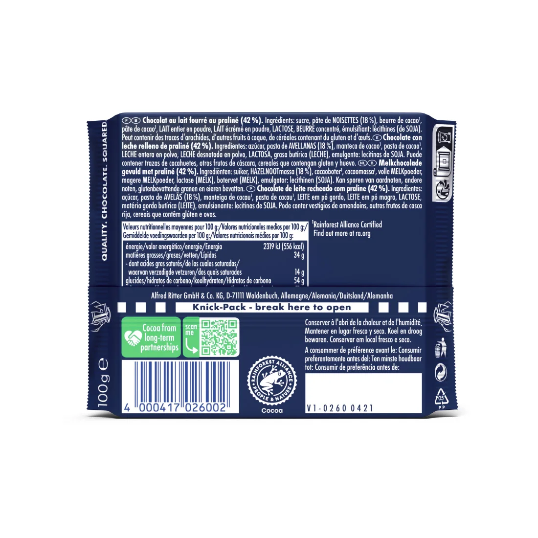 Ritter Sport, praline filled Chocolate, 100g