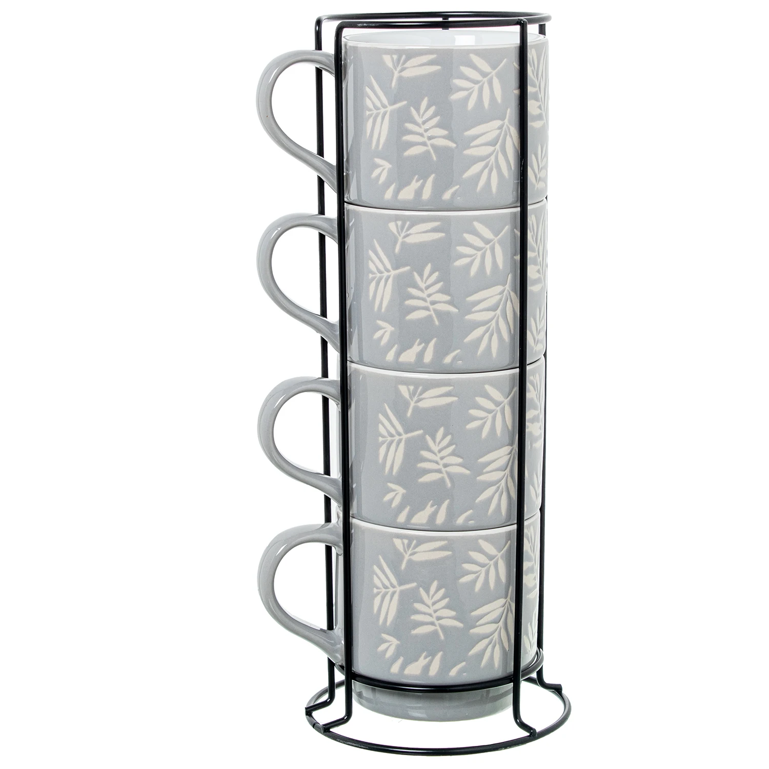 Set 4 mugs cer mica azul hojas con soporte metal negro mug: 355ml 9x9cm