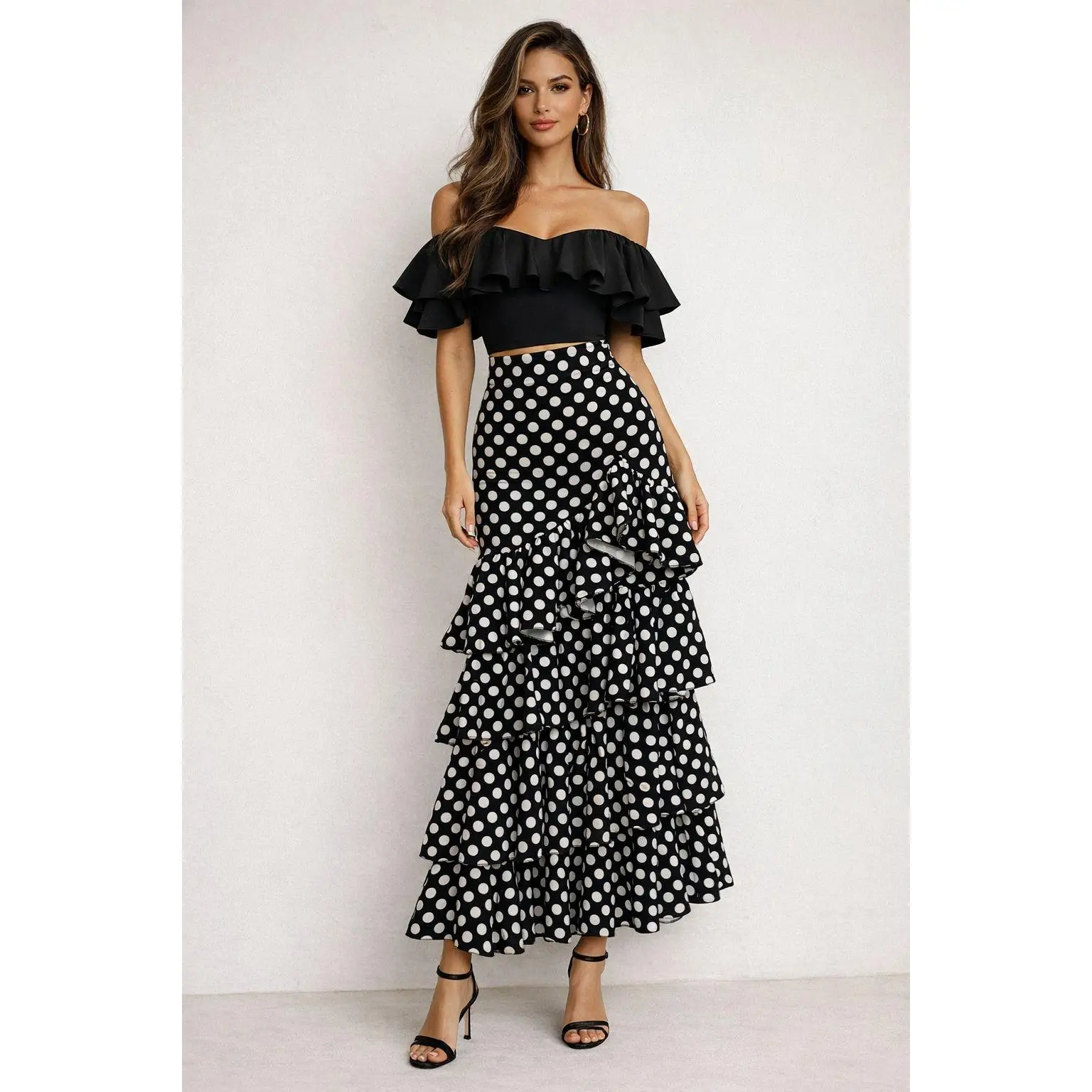 Falda Flamenca Lunares Mujer – Falda Larga Negra con Volantes, Estilo Sevillana, Ideal Feria, Baile Flamenco y Eventos