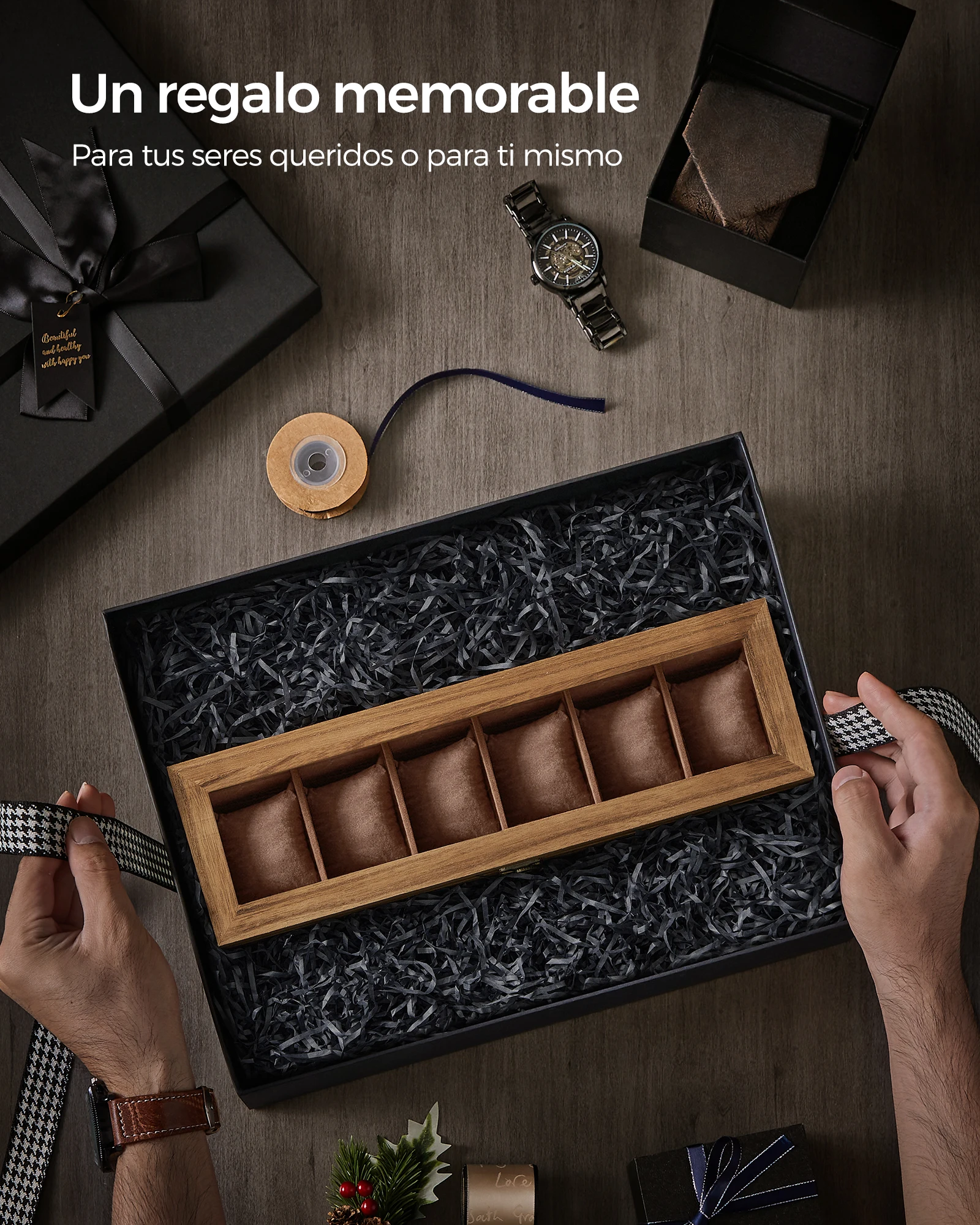 Songmics watch box with 6 compartments, solid wood watch box, with glass lid, watch cushion, gift for loved ones, rustic walnut, christmas gift #8