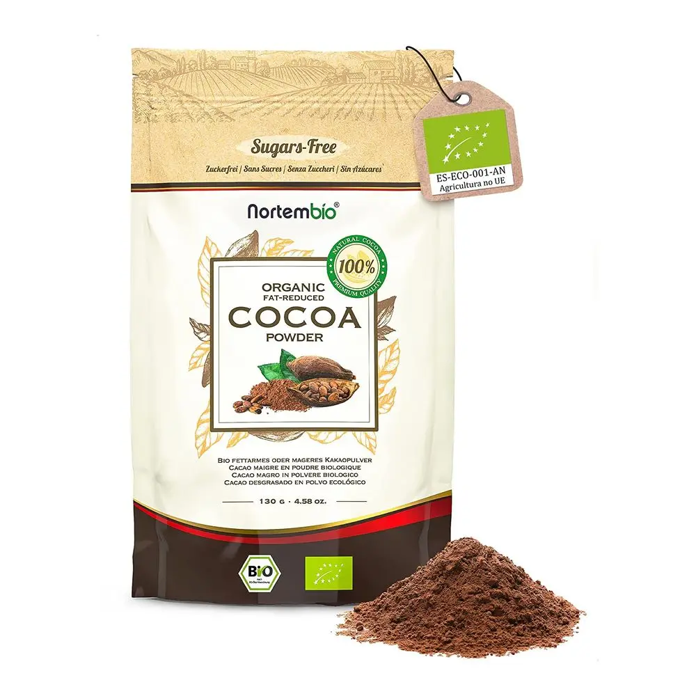 Nortembio Cacao Desgrasado Ecológico en Polvo 130 g. Producto 100% Natural. Repostería, Chocolate Caliente A La Taza. Calidad Gourmet. Cacao de Ghana Sin Gluten ni Azúcares, Vegano y Sin Lactosa. Envase Hermético con Cierre Zip.