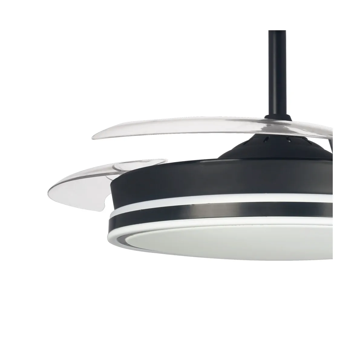 Ceiling fan with 45w led light, iris model with black retractable blades. Dc motor, cct system. Remote control with timer, adjustable light in color and intensity, memory, breeze mode and winter/summer function