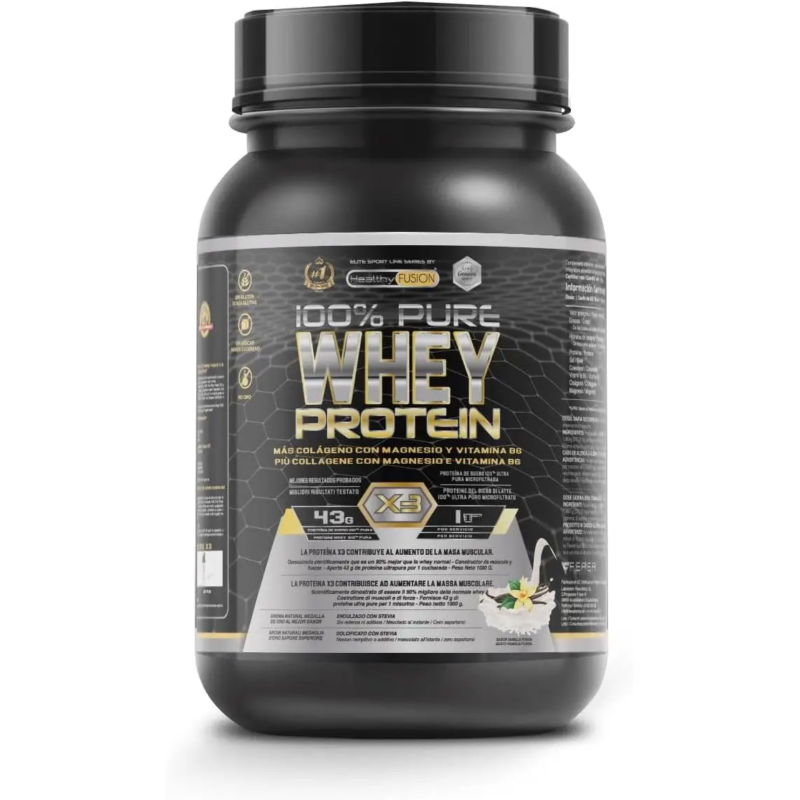Whey Protein Healthy Fusion | Proteína pura con Colágeno, Magnesio y Vitamina B6 | 43g proteína + 9g BCAA | Mejora tus entrenamientos, aumenta masa muscular y fortalece articulaciones | 1 kg (Sabor Vainilla)