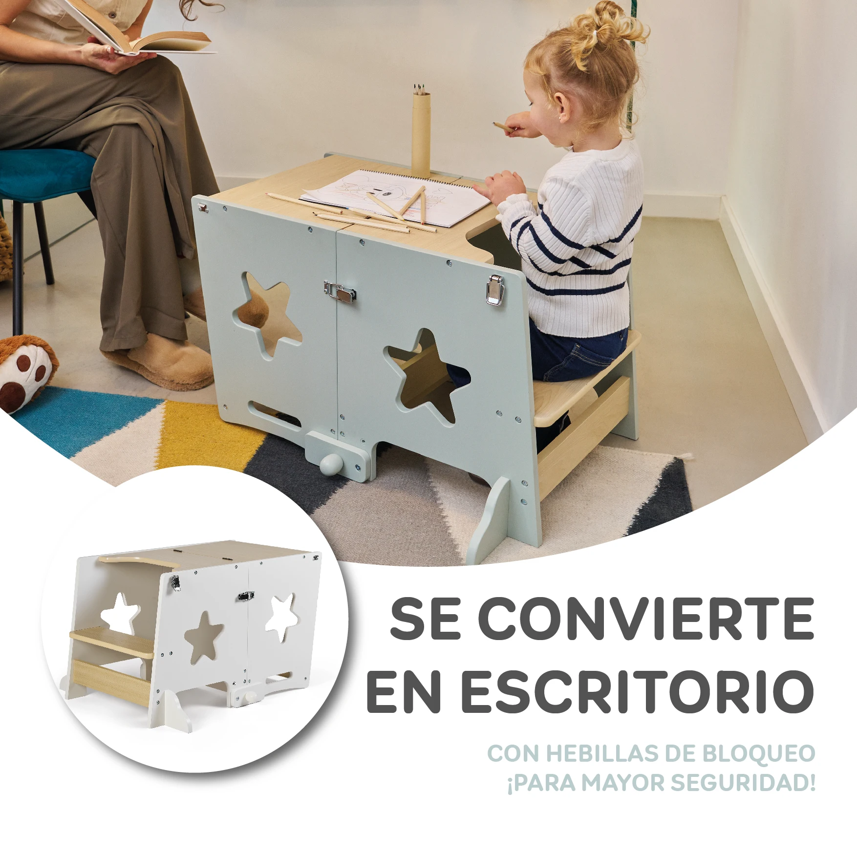 Ms - learn up children's montessori wooden learning tower -convertible into children's desk and stool -solid wood kitchen helper tower with safety bar - foldable (wood)