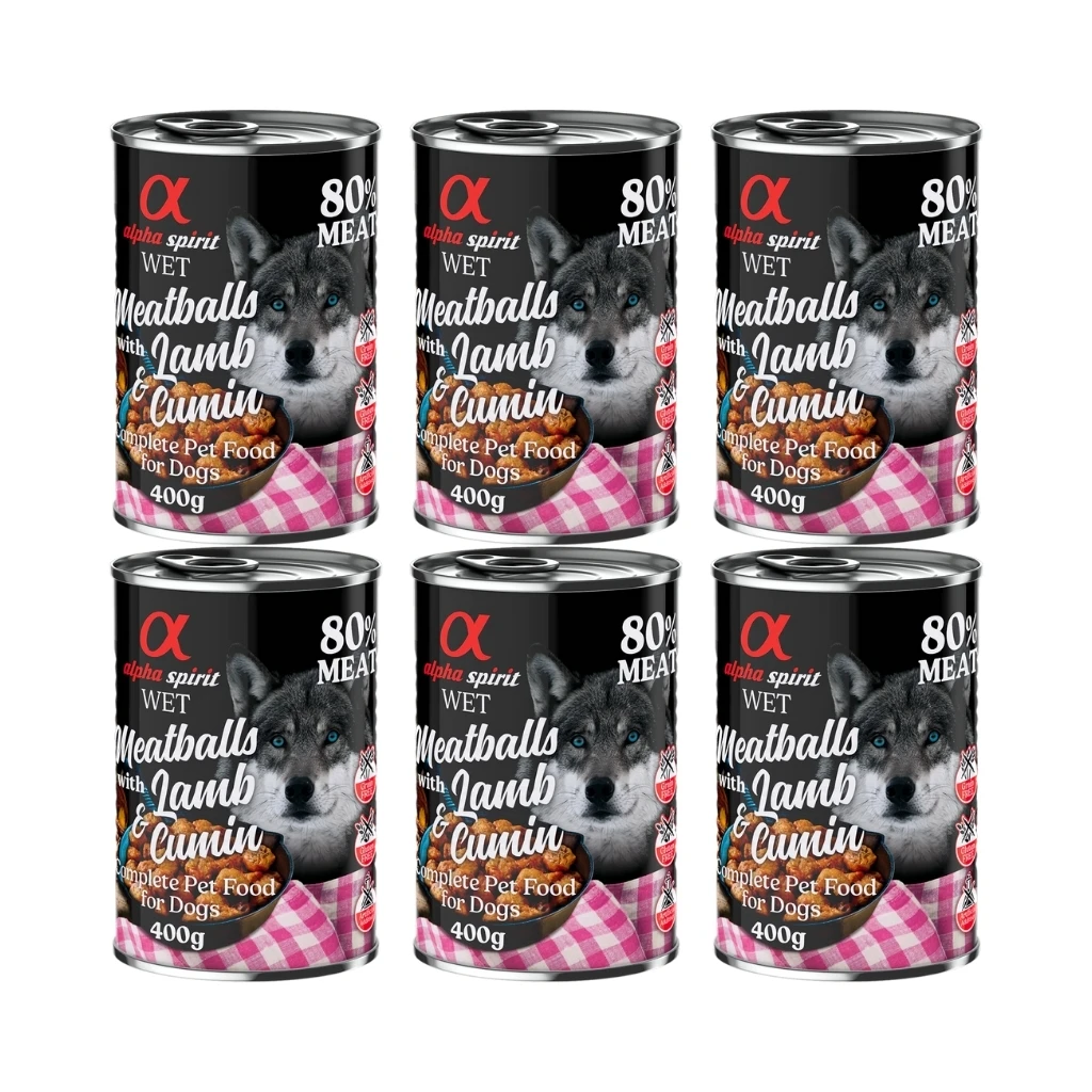 ALPHA SPIRIT - Albondigas (6x400 gr) Cordero y Comino - Alimento Humedo Completo Para Perros Adultos de Todas las Razas (A partir de 1 Año)
