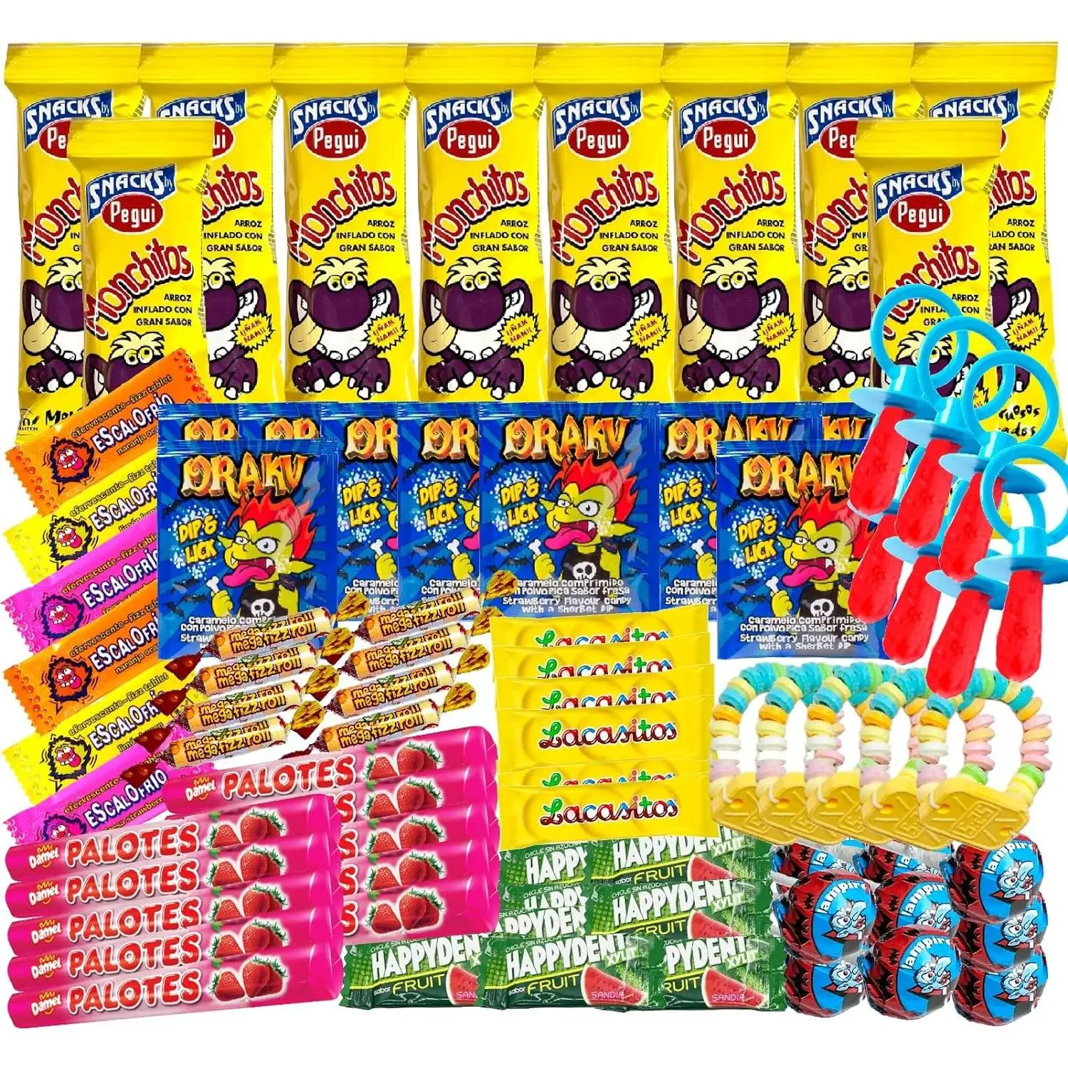 Super Pack sweets of the best brands, includes Monchitos, Lacasitos, Palotes, candies for Hallowen, Christmas, birthdays and children's parties. WikiMark gift box (100 box)