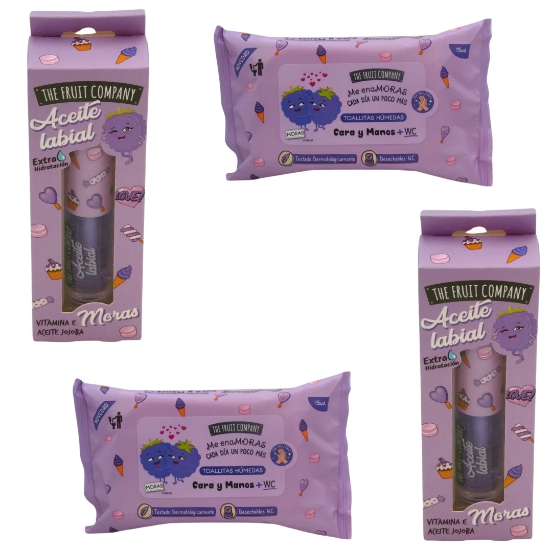 Pack regalo 4 productos the fruit company moras 2 aceite labial + 2 toallitas húmedas cuidado corporal y labial aroma dulce mora ideal para regalar los productos más virales con aromas divertidos para