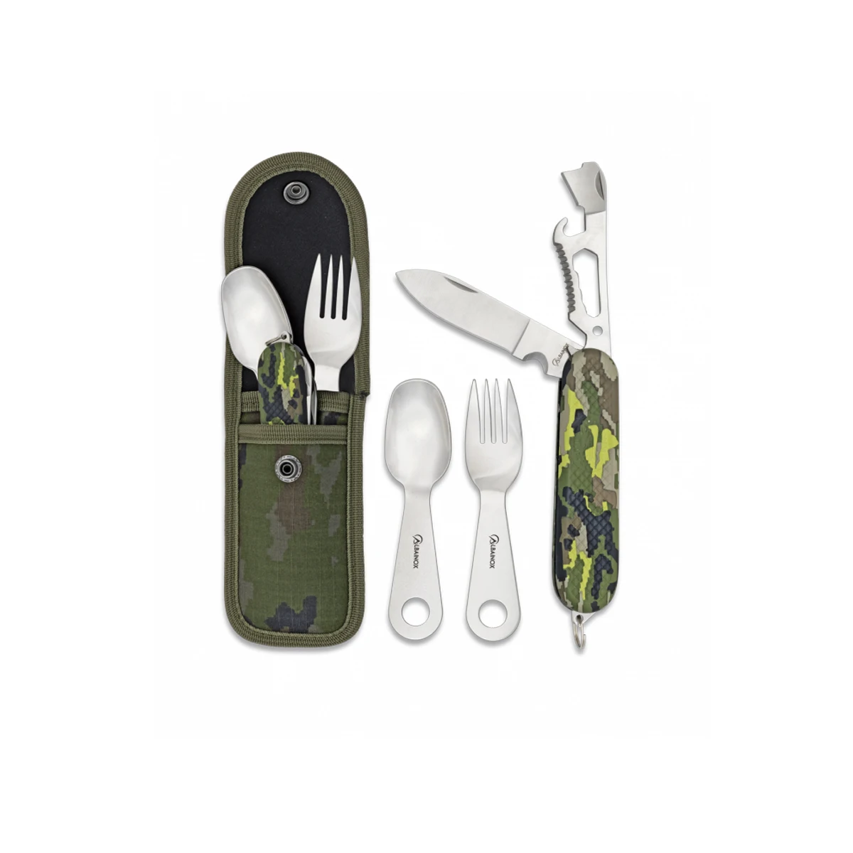 Green MultiCam cutlery camping Set, multipurpose knife, spoon and fork survival. Albainox