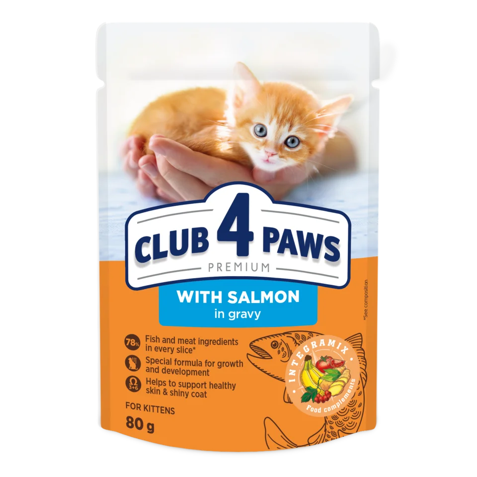 Comida húmeda completa para gatitos CLUB 4 PAWS PREMIUM  - Salmon en salsa ,PACK 24*80g