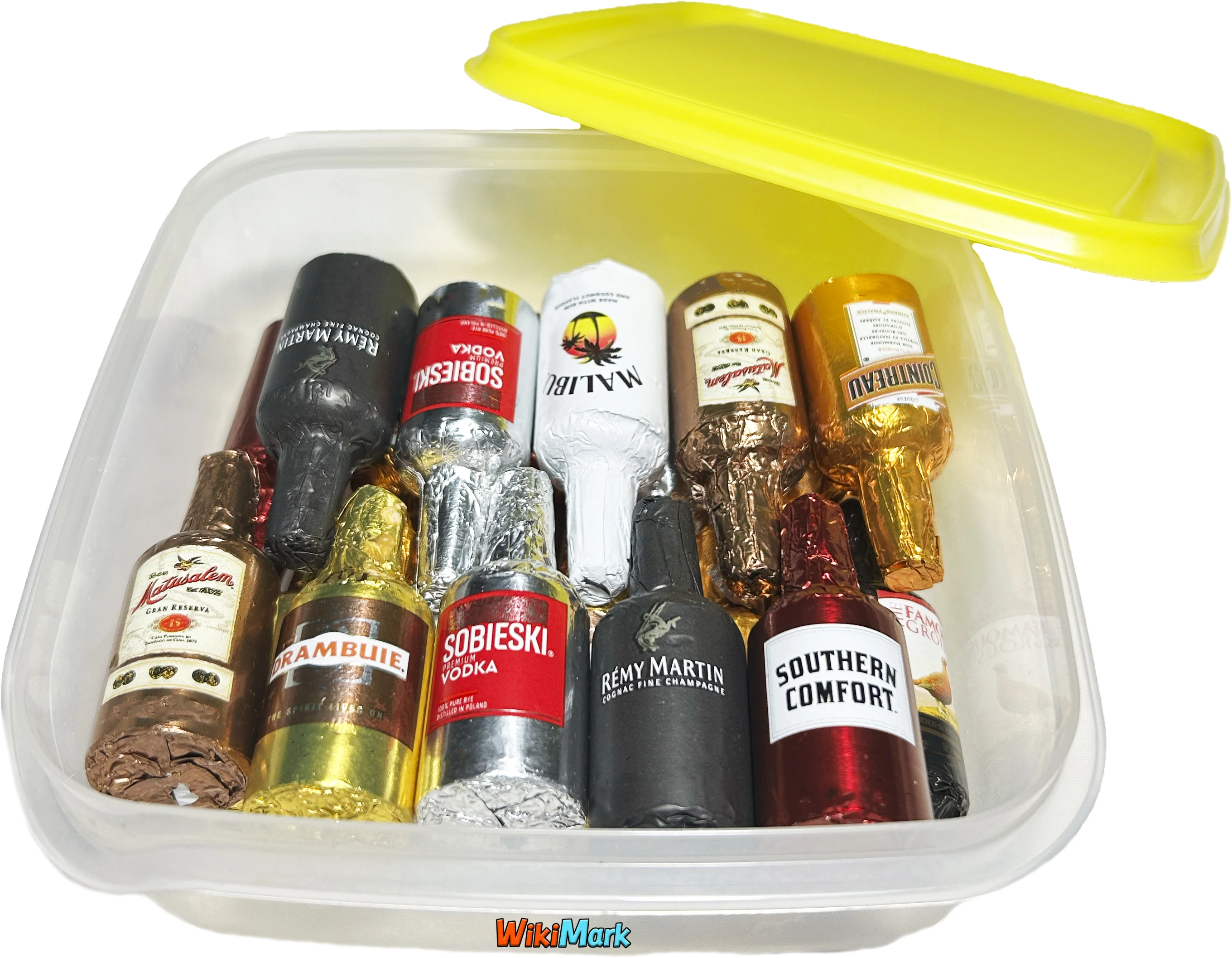 Chocolate bottles filled with liquor-a new 2024 edition with new flavors-includes a WikiMark wine rack wardrobe box. 1 Kg - 64 bottles or Taper of 20 bottles 300 Gr.