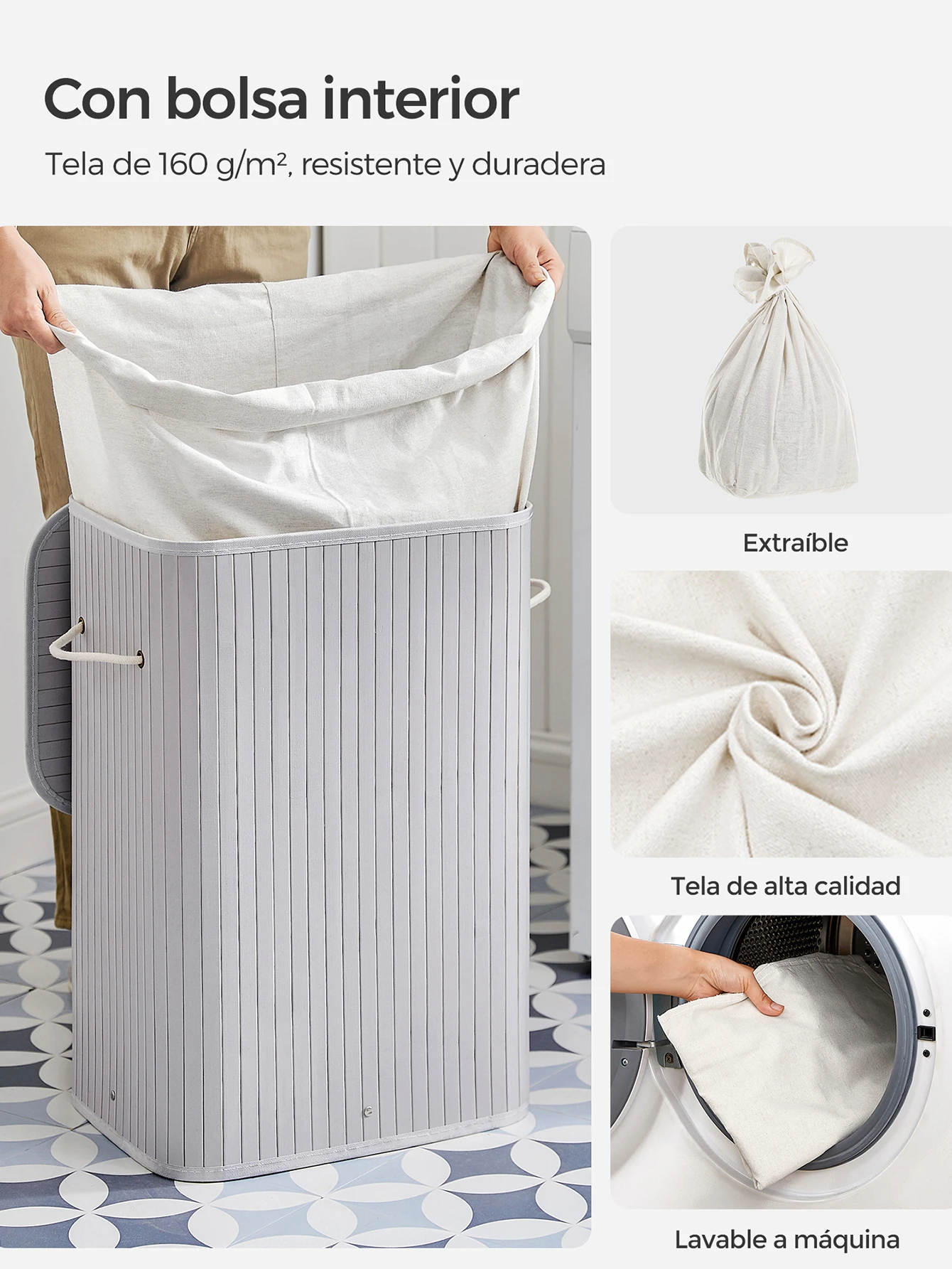 Songmics dirty clothes basket with lid, 72 l, bamboo laundry basket, foldable, with removable washable bag, handles, for laundry, bedroom, grey/natural/black/white