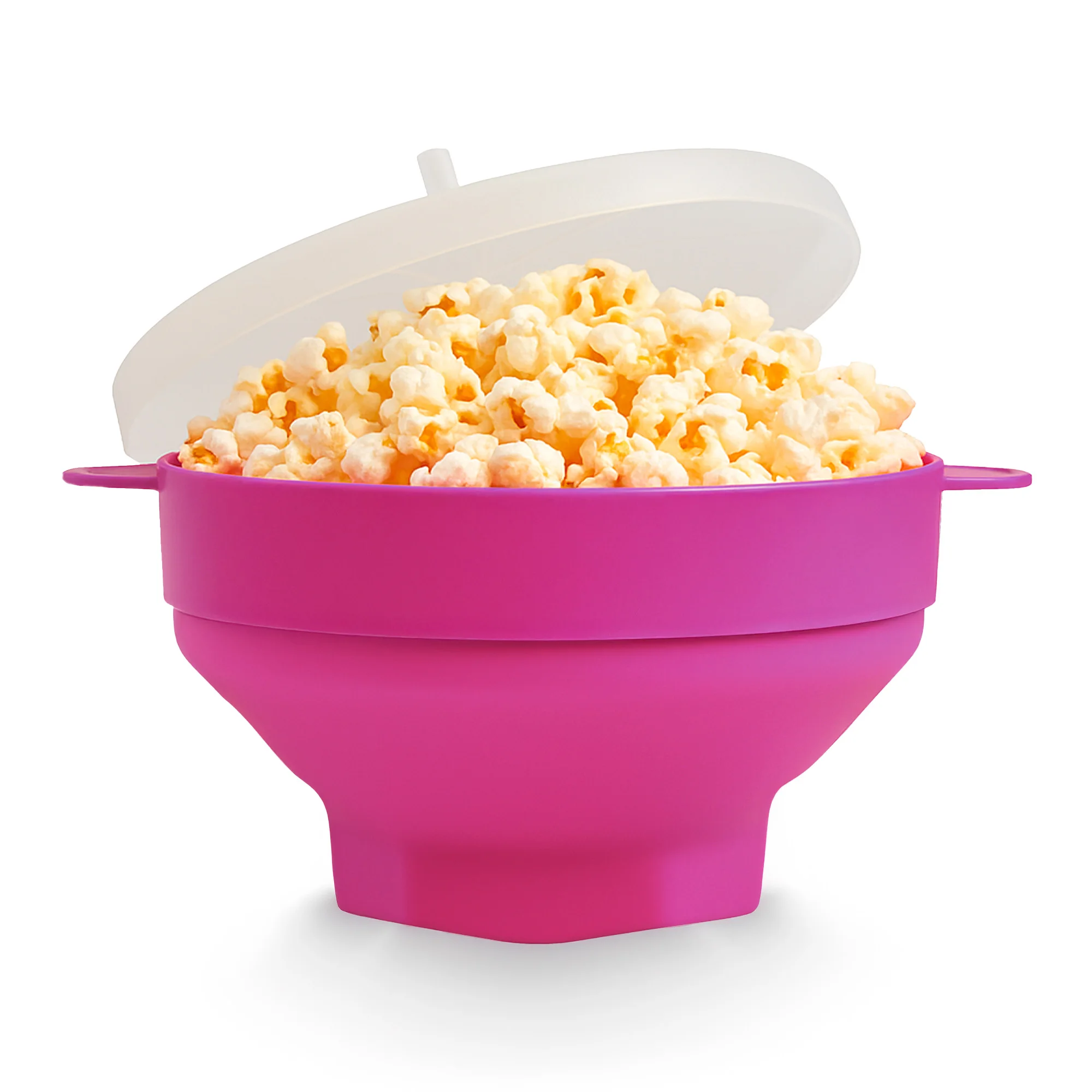 Palomitero para microondas Jocca de silicona con diseño hexagonal en color rosa y con tapa. Prepara palomitas sin aceite de forma rápida y saludable. Plegable, ligero y fácil de guardar gracias a su