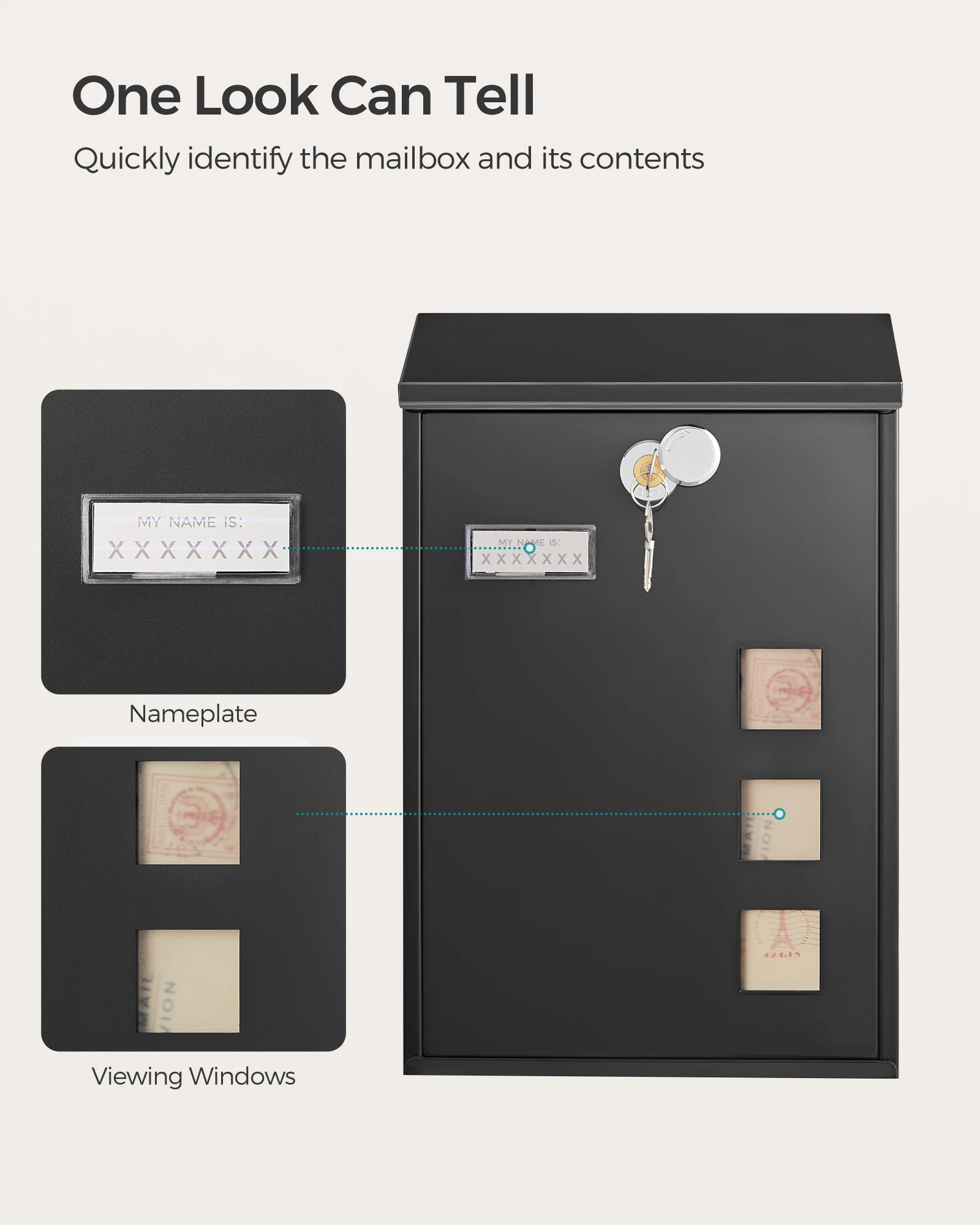 Songmics - modern wall mailbox, with viewing windows, identification plate, lock with copper core, easy to install, black