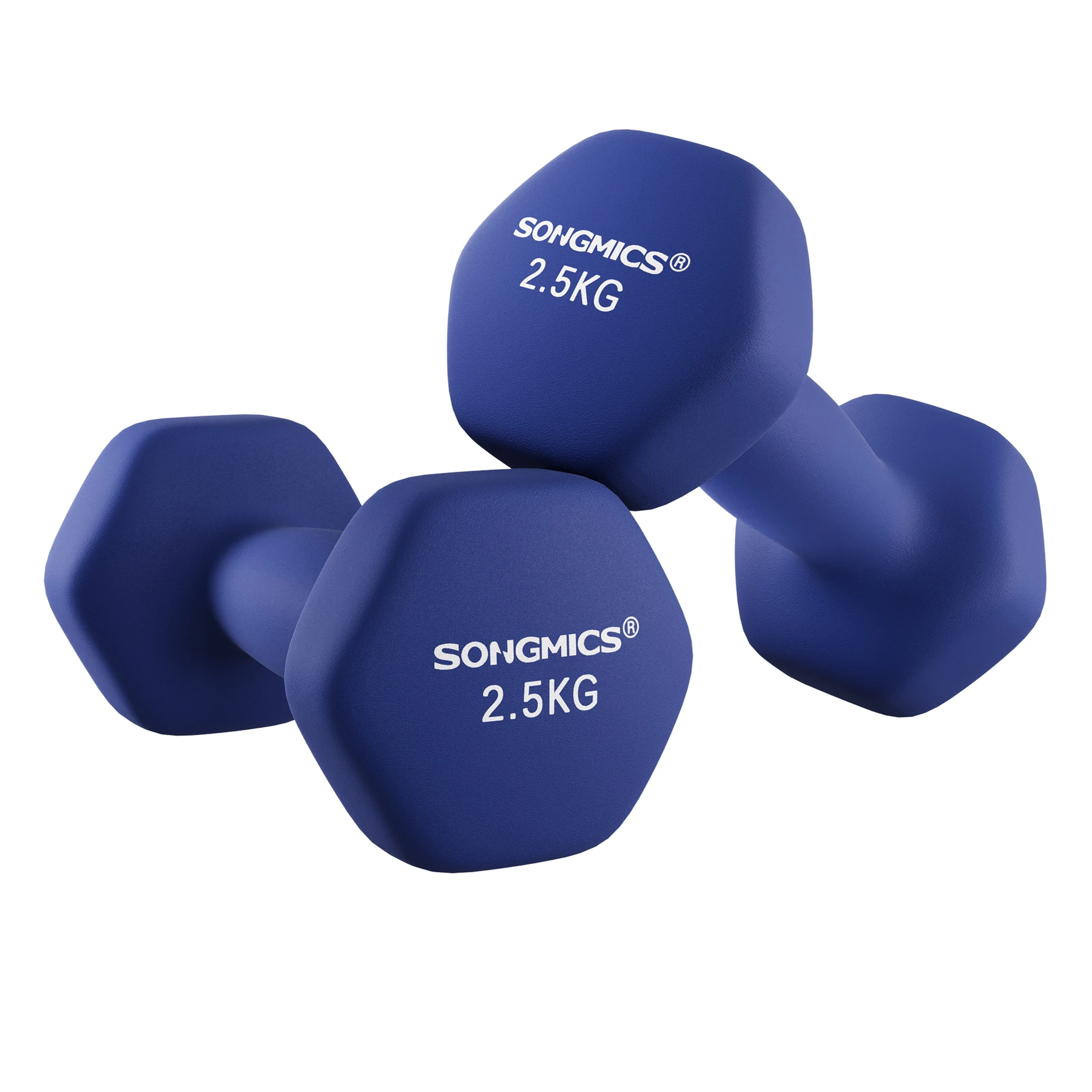 SONGMICS Juego de 2 mancuernas, 2 x 2.5 kg, mancuernas hexagonales, revestimiento de neopreno, entrenamiento de fuerza, entrenamiento, fitness, para casa, Azul