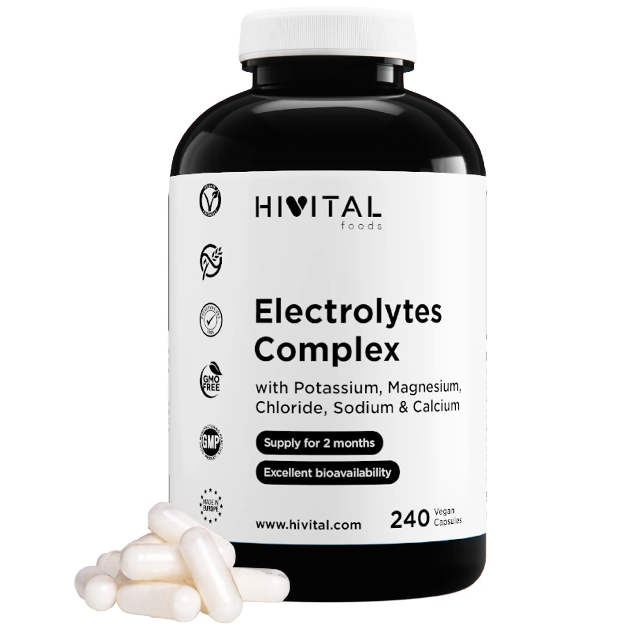 Electrolytes Complex. 240 vegan capsules for 2 months of treatment. With Mineral Salts: Potassium, Magnesium, Chloride, Sodium and Calcium. Optimal dose that restores electrolyte balance. Hivital