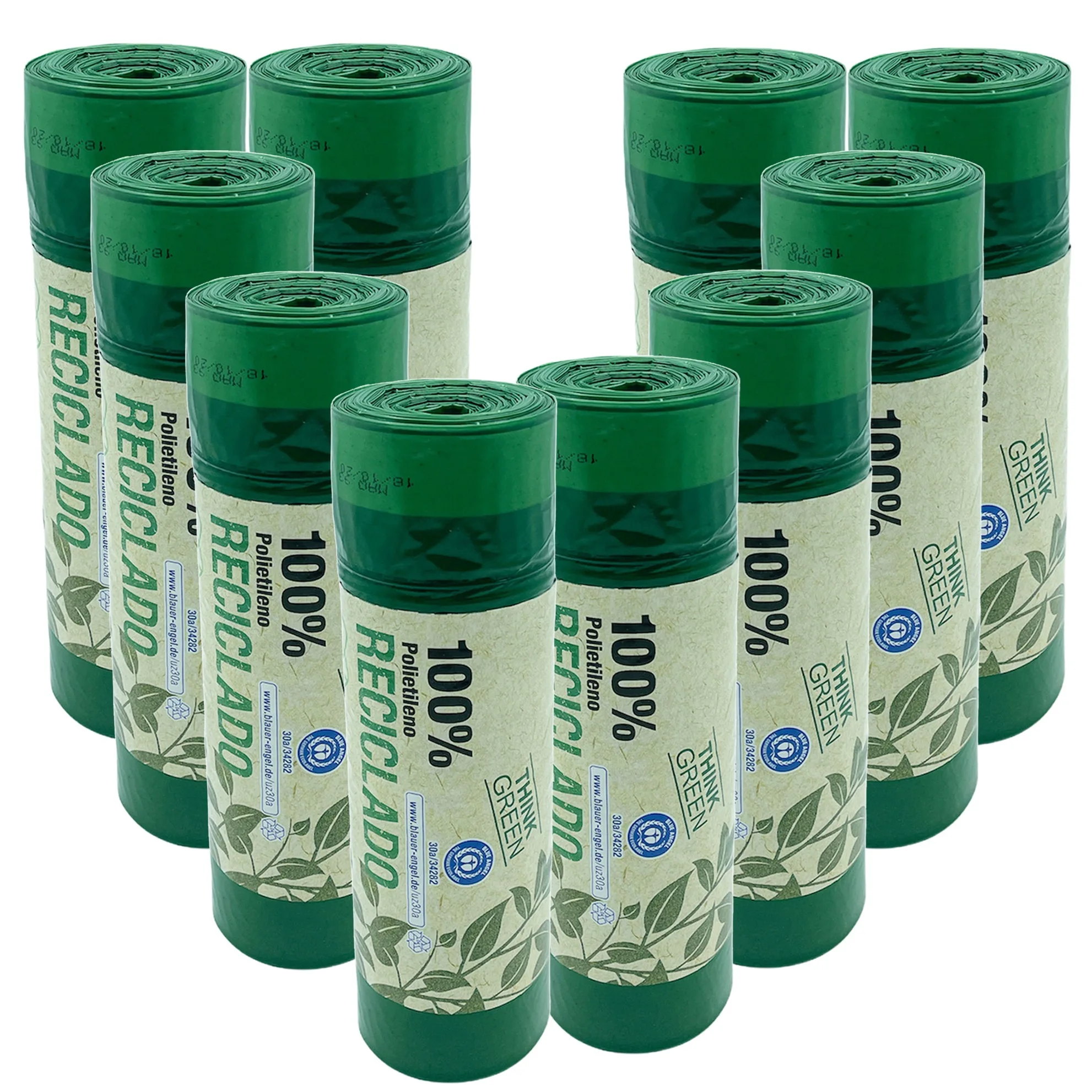 100% reciclado 10 rollos de 20 bolsas de basura (200 bolsas) con autocierre, capacidad 30L, 55×60