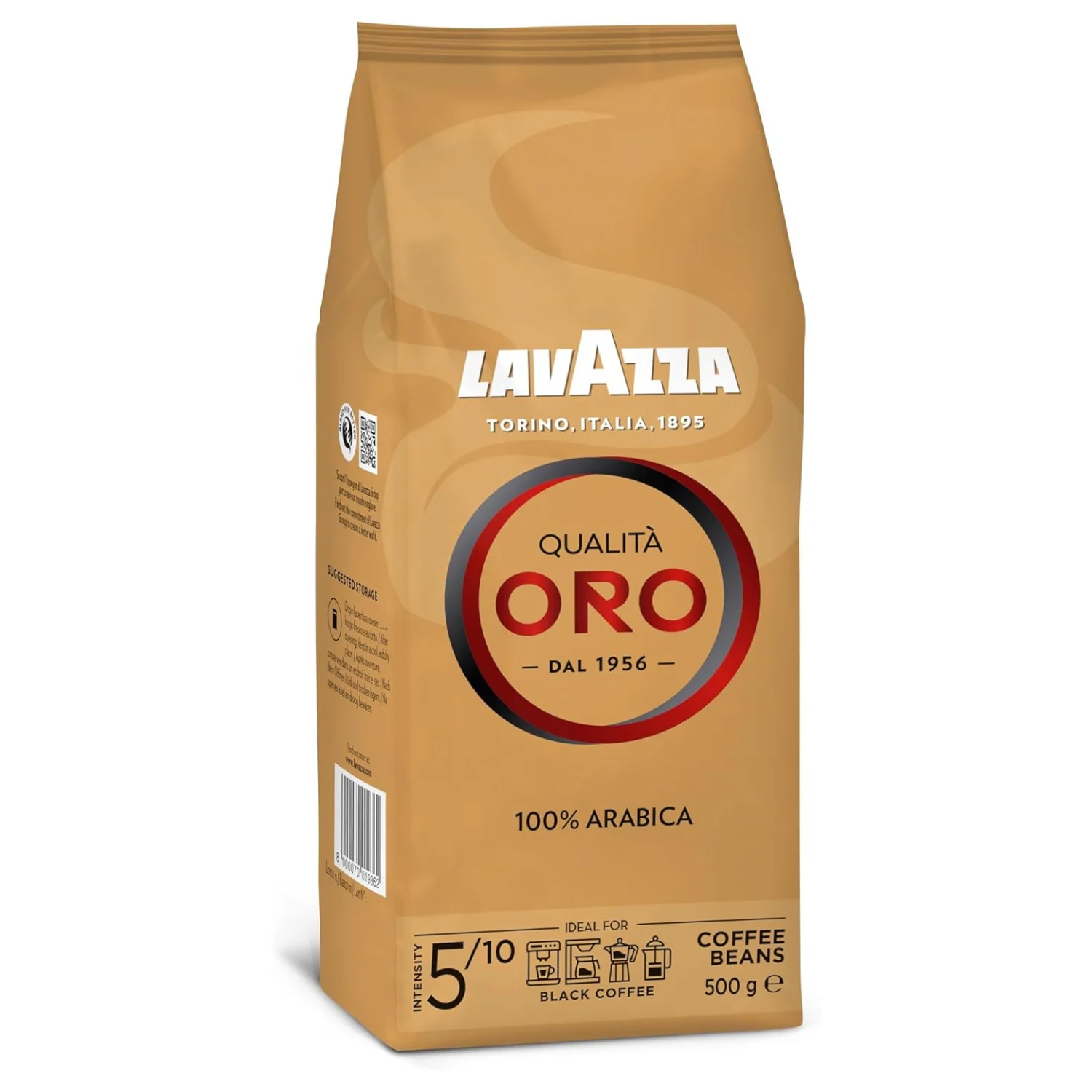 Lavazza Cafe Qualità Oro 500gr Paquete de 500 gr Natural en Grano Con Notas Aromáticas de Frutas y Flores, 100% Arábica, Intensidad 5 Tueste Medio