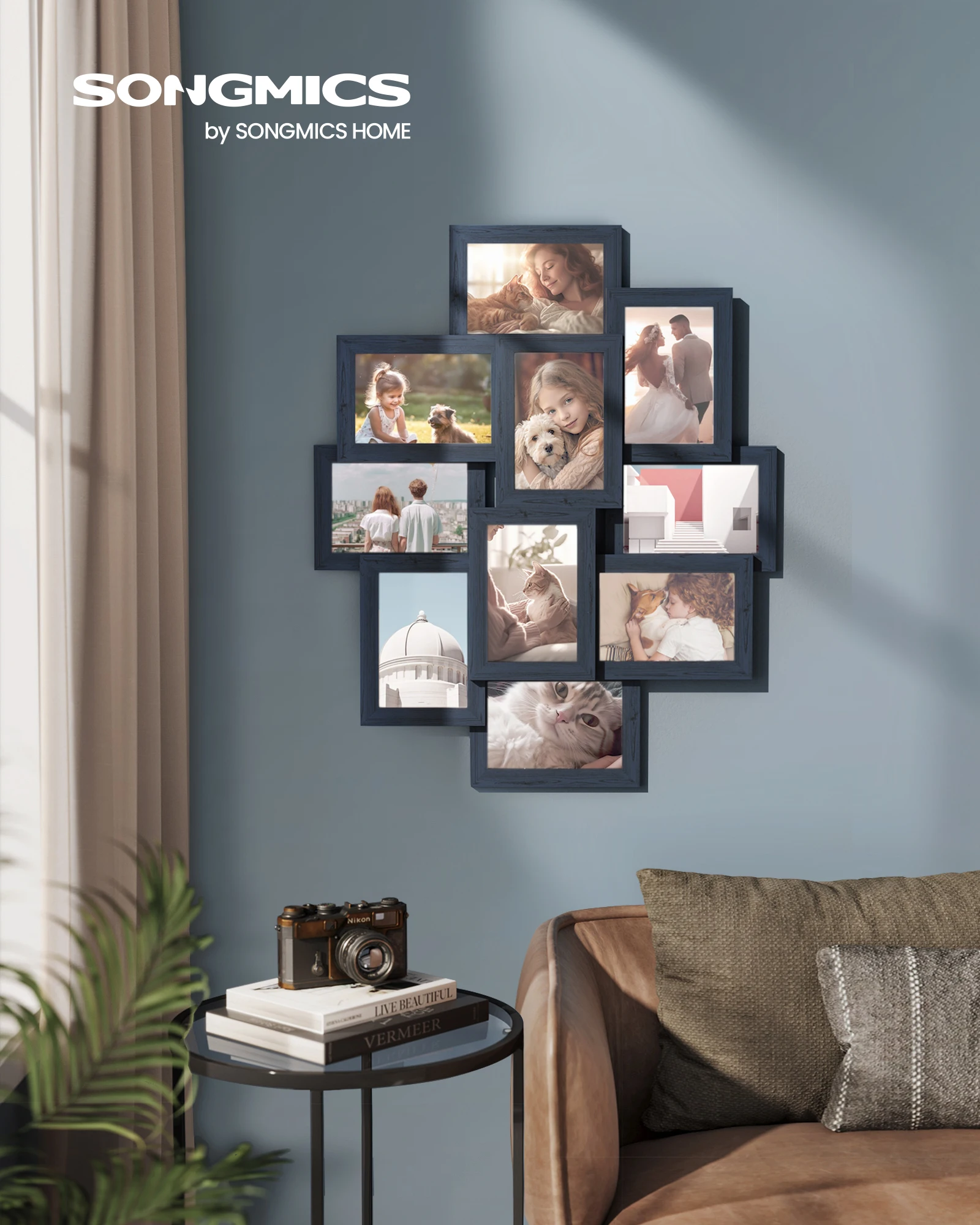 Songmics photo frame collage, 10 10x15cm photo frames, photo frames for wall, multiple frames, wall decor, navy blue/natural beige/cloud white/rustic brown/ink black